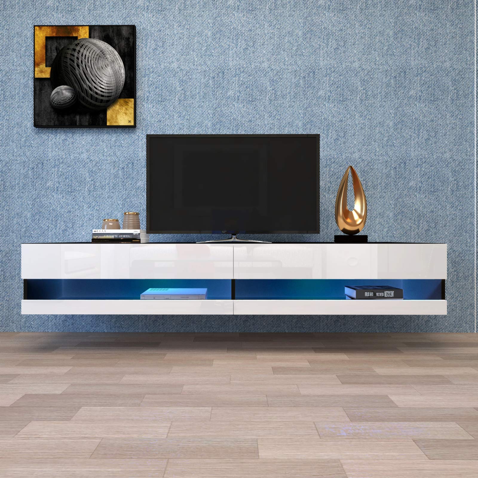 White Floating TV Stand Wall Mounted with 20 Color LED Lights - Modern 80 Inch TV Cabinet for Living Room, Bedroom & Home Theater - Space Saving Media Console with Ambient Lighting