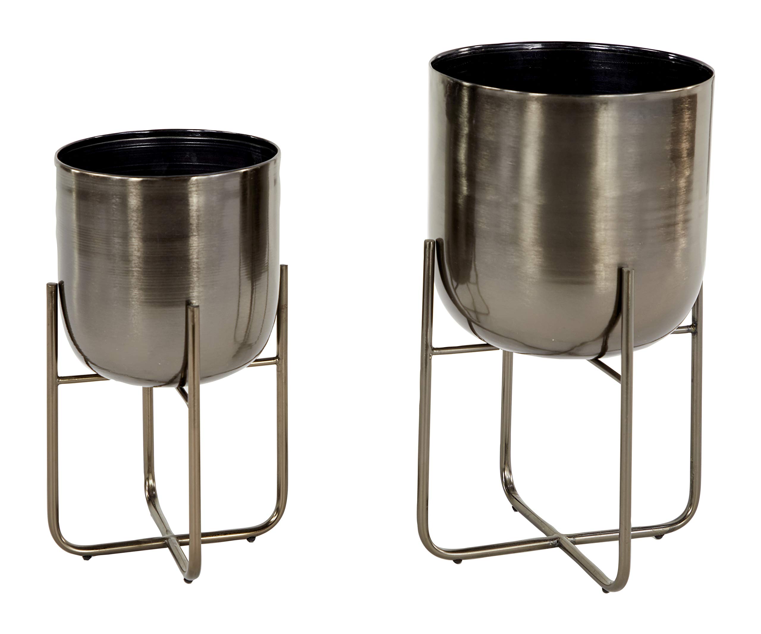 Deco 79 Metal Round Planter Set of 2 - 16 Inch Black Flower Pots with Removable Stand, 13 Inch Height - Modern Indoor Outdoor Garden Decor for Home, Patio, Balcony & Office Plants