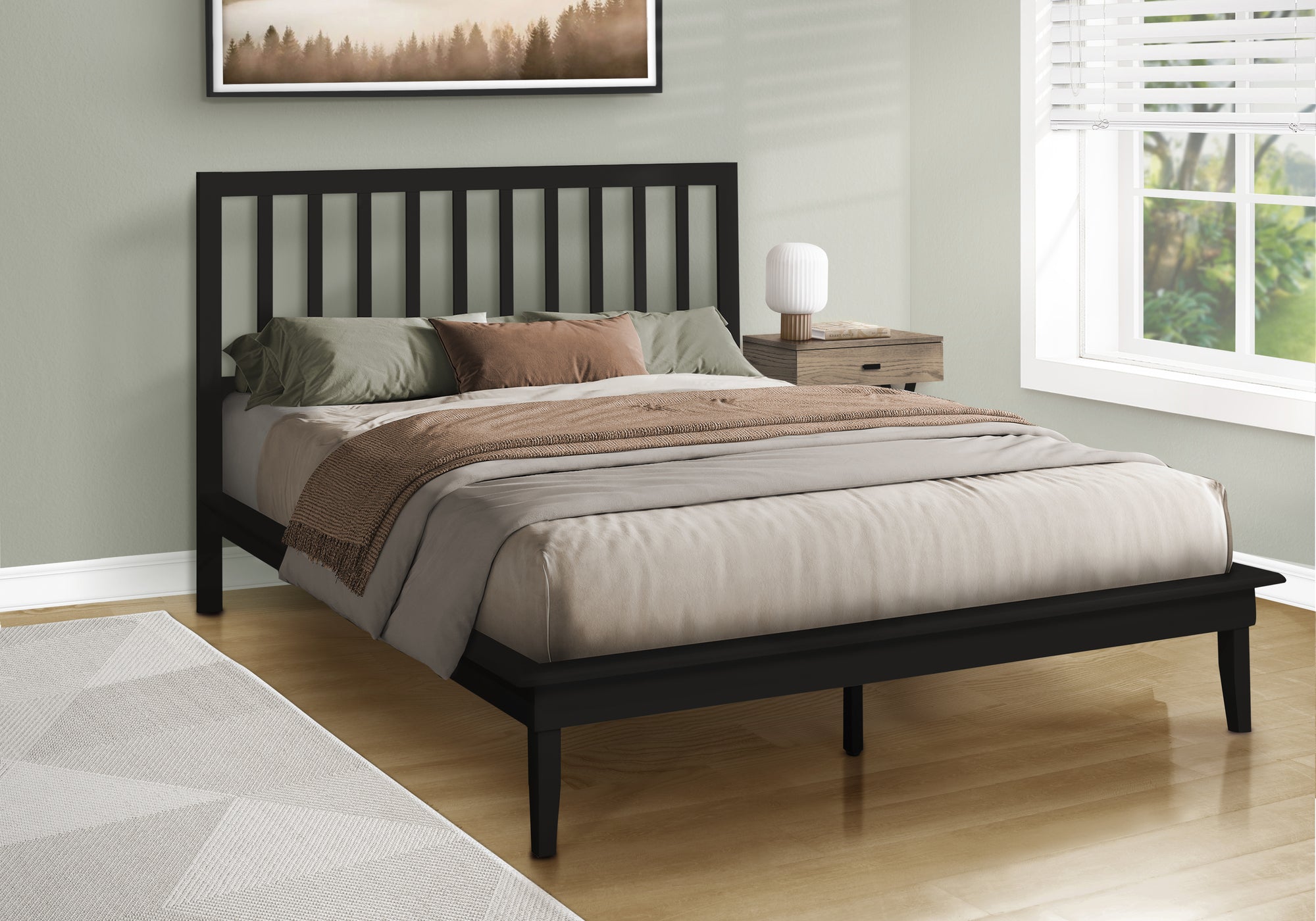 Modern Queen Size Black Wood Platform Bed Frame with Headboard - Sturdy & Stylish Bedroom Furniture for Adults, Home Decor - Perfect for Master Bedrooms, Guest Rooms & Apartments