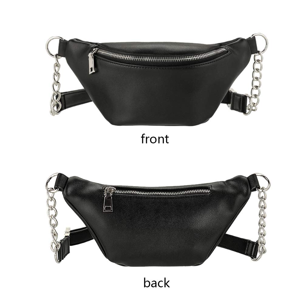 Stylish Leather Fanny Pack for Women - Adjustable Waist Bag, Crossbody Purse with Metallic Chain - Perfect for Travel, Running & Daily Use - Black