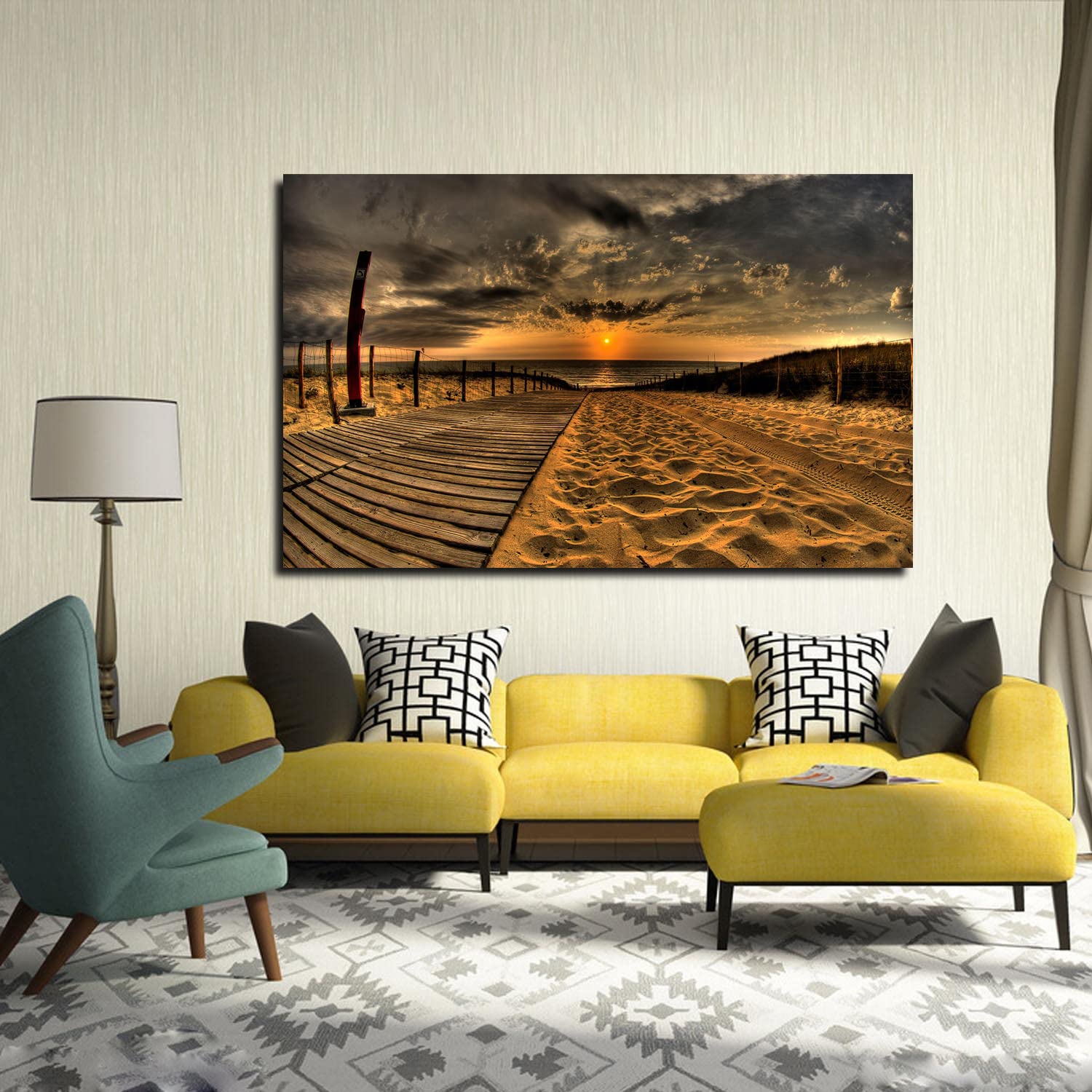 Beach Sunset Canvas Art - Framed Landscape Wall Painting for Home, Office, Bedroom Decor - Ready to Hang - Perfect for Coastal & Boho Interior Design Styles
