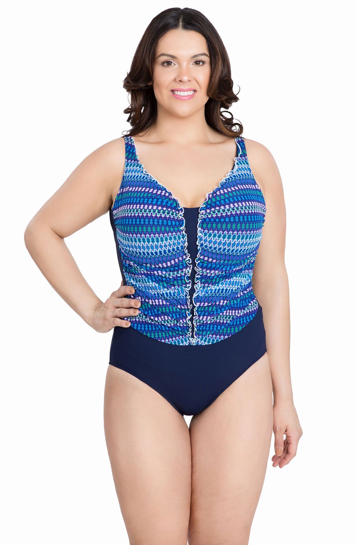 Gottex Women's Plus Size One Piece Tank Swimsuit - Multi Blue 24W | Comfortable Swimwear for Beach, Pool & Vacation | Plus Size Swimsuits for Women