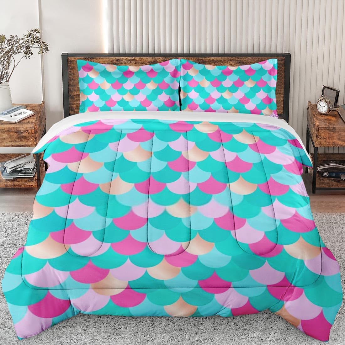 Mermaid Gold Red Green Comforter Set Queen Size - Soft Bedding Set for Kids & Adults, Includes 2 Pillowcases - Perfect for Bedroom Decor & Coastal Themed Rooms