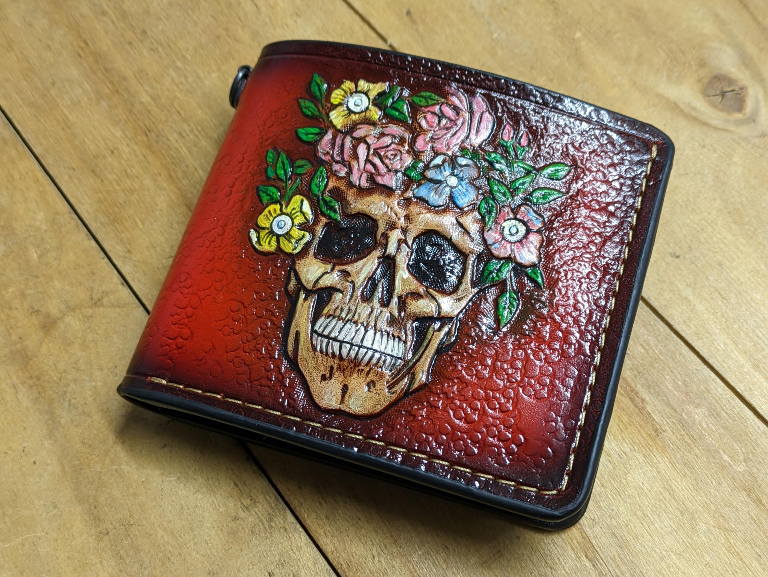 3D Carved Genuine Leather Men's Wallet with Skull & Floral Design - Handmade Biker Wallet, Custom Personalized Gift for Men - Perfect for Motorcycle Riders, Everyday Carry & Unique Gifting
