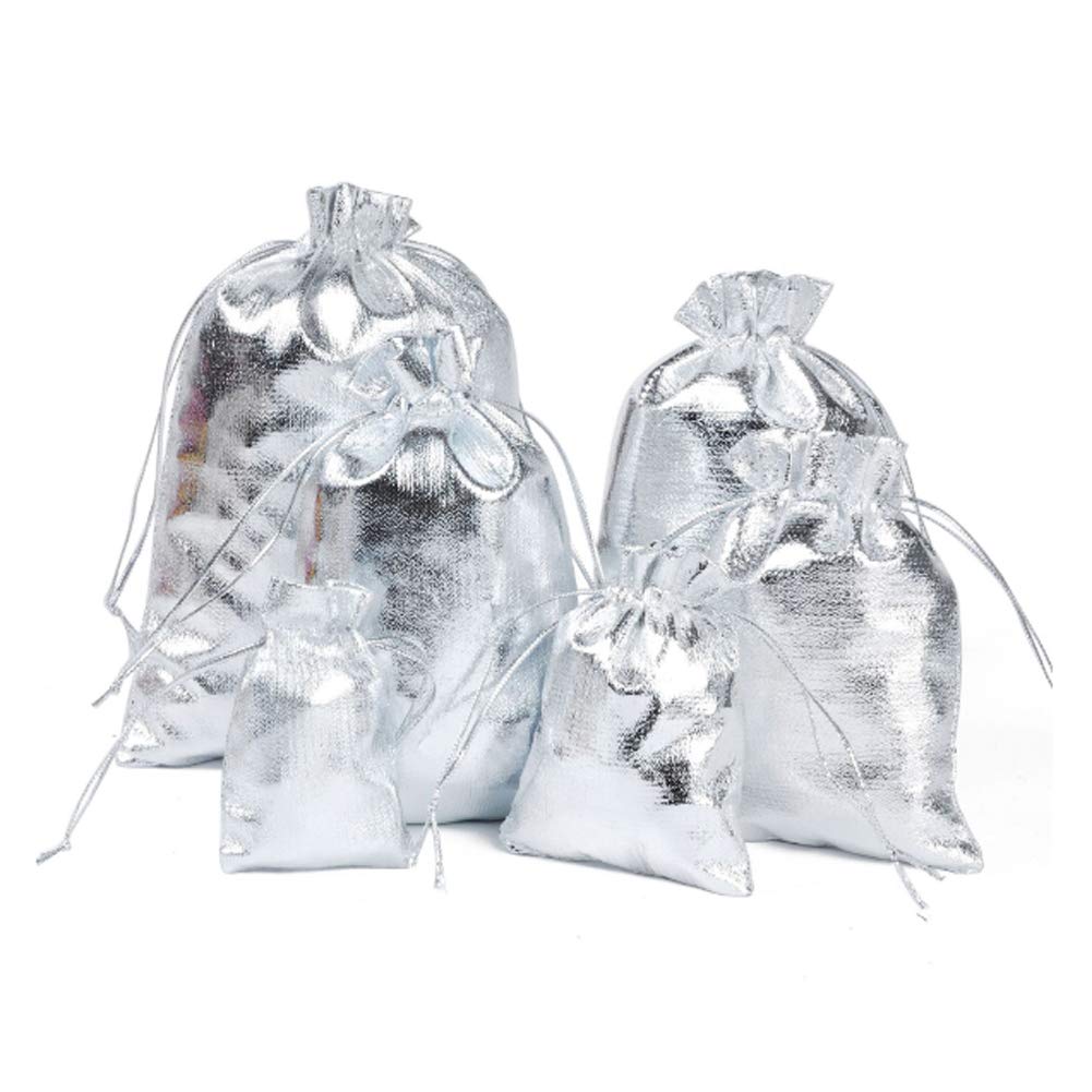 100-Pack Heavy Duty Gold Foil Drawstring Organza Jewelry Bags - 3.9x5.85 Inch (10x15cm) Wedding Party Favors, Christmas Gift Bags for Candy, Chocolate, Jewelry & Small Gifts - Elegant Silver Gift Packaging for Special Occasions