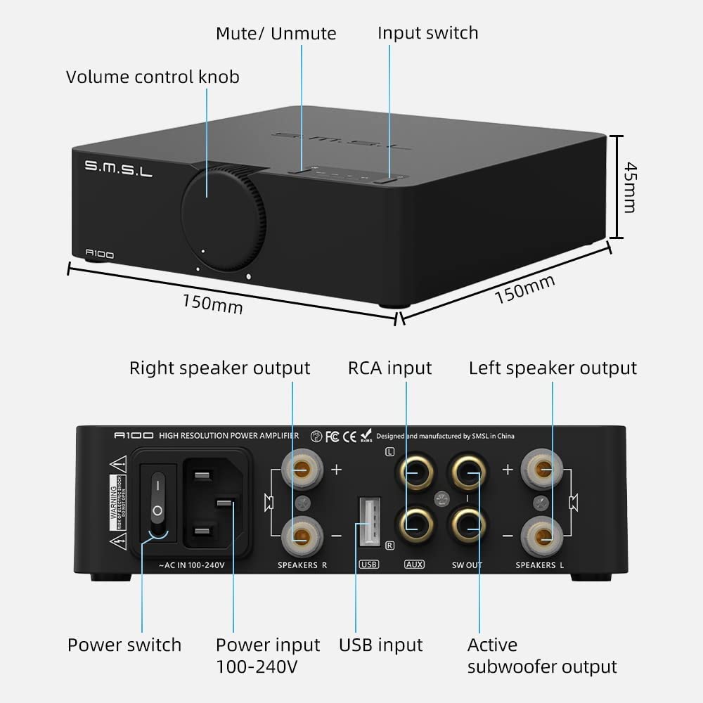 SMSL A100 HiFi Stereo Amplifier with Infineon MA12070 Chip - 2x80W Power, USB & Bluetooth 5.0 - Perfect for Home Audio, Studio Monitoring & Multi-Device Streaming