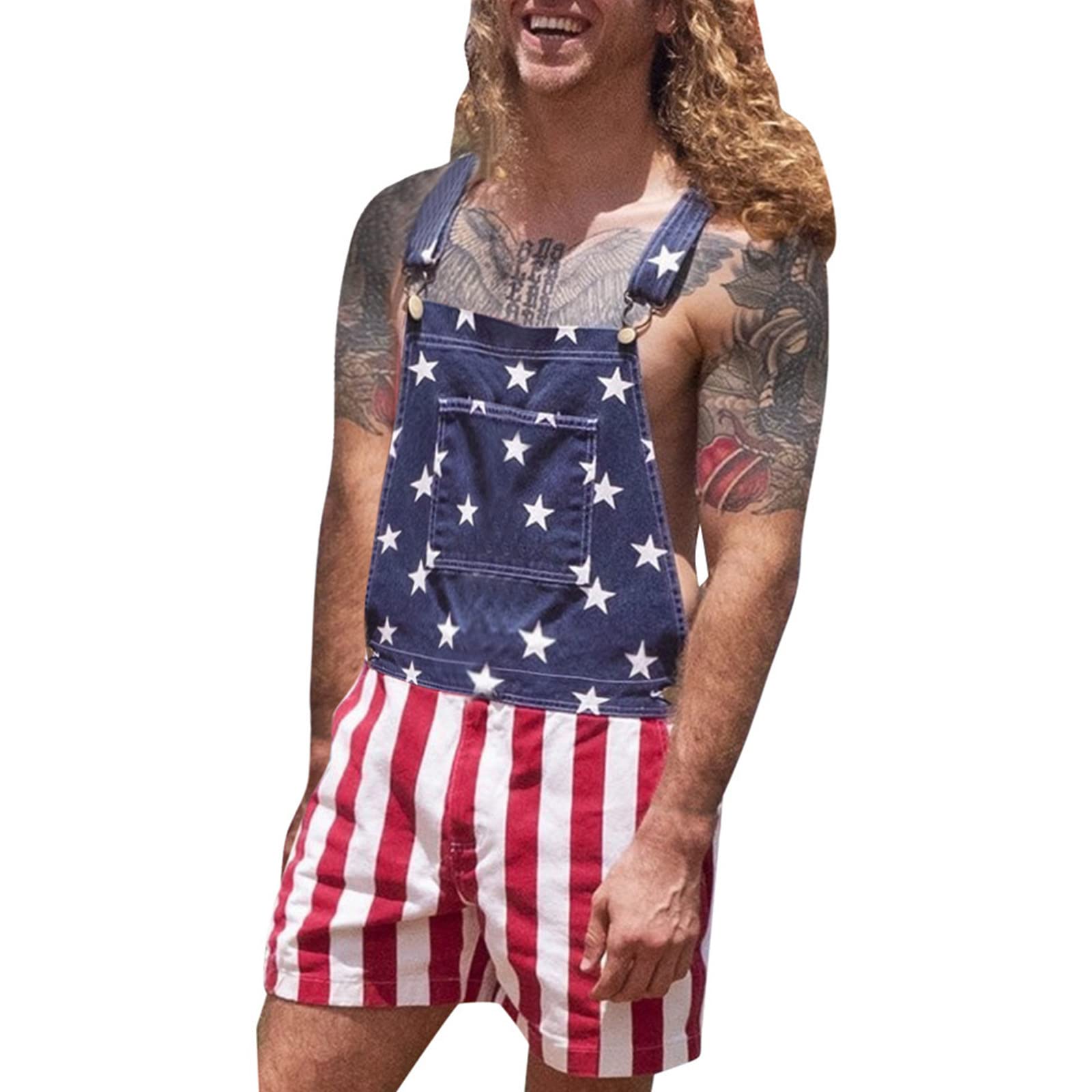 American Flag Denim Overalls - Adjustable Bib Shorts & Romper Jumpsuit for Men & Women | Casual Workwear, Summer Outfit, Patriotic Style