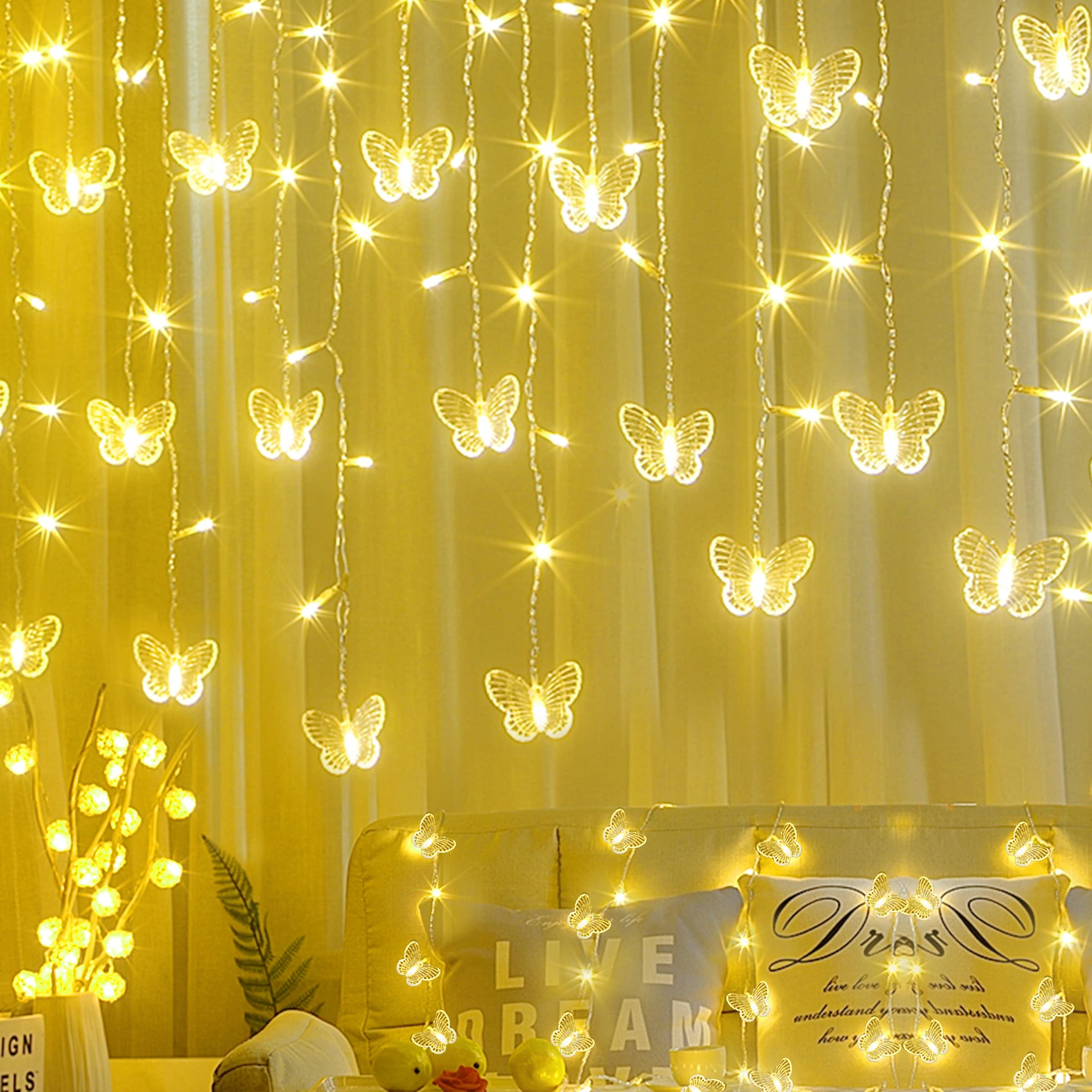 120 LED Butterfly Curtain Fairy Lights USB Plug-in, 20FT Firefly Twinkle Icicle String Lights with Remote & Timer, 8 Modes Waterproof Copper Wire - Warm White for Bedroom, Patio, Christmas, Wedding, Party, Dorm - Perfect for Romantic Decor, Holiday Lighting & Outdoor Ambiance