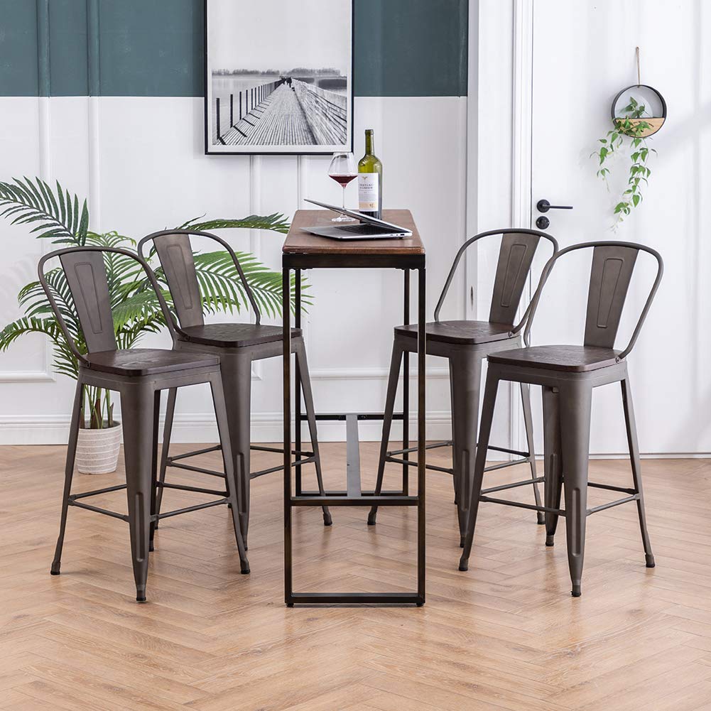 **Rustic Metal Counter Height Bar Stools Set of 4 - 26 Inch High Back Kitchen Counter Stools for Dining & Bar - Perfect for Farmhouse, Industrial, or Modern Kitchen Decor**