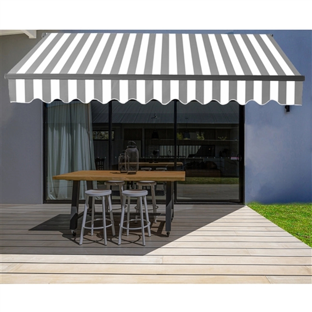 Aleko 16x10 Feet Motorized Retractable Patio Awning - Black Frame with Gray & White Stripes - Perfect for Outdoor Shade, Deck, Garden, and Backyard Relaxation