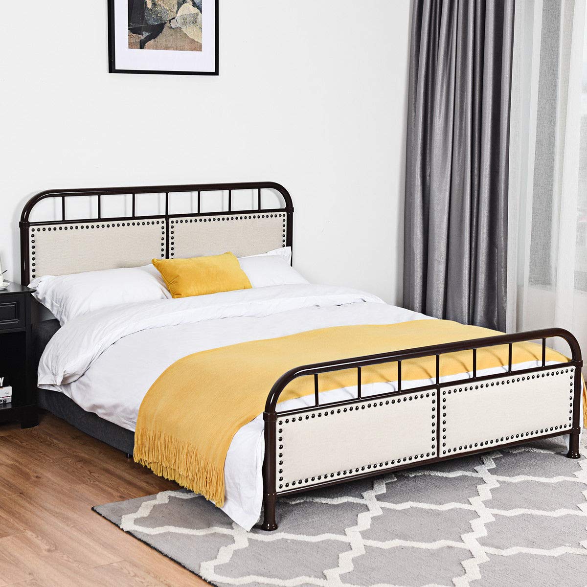 SAFSTAR Heavy Duty Steel Twin/Queen Size Metal Bed Frame with Slat Mattress Foundation, Comfortable Headboard & Footboard - Chocolate Finish | Perfect for Guest Rooms, Dormitories & Small Spaces