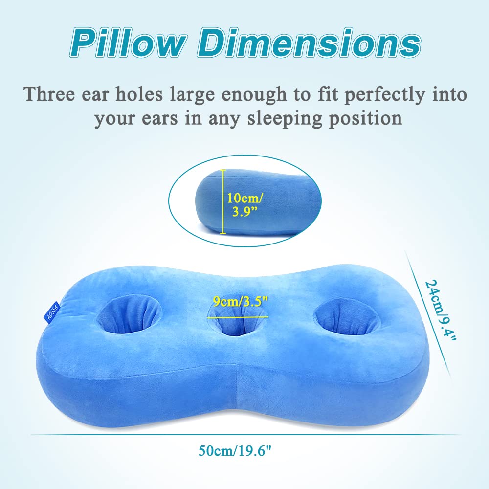 AOSSA Ear Piercing Pillow for Side Sleepers - Donut Pillow with Ear Holes for Pressure Relief, Ear Pain & Headphone Comfort - Blue Sleeping Pillow for Ear Protection & Head Support (Perfect for Travel, Post-Piercing Care & Side Sleepers)