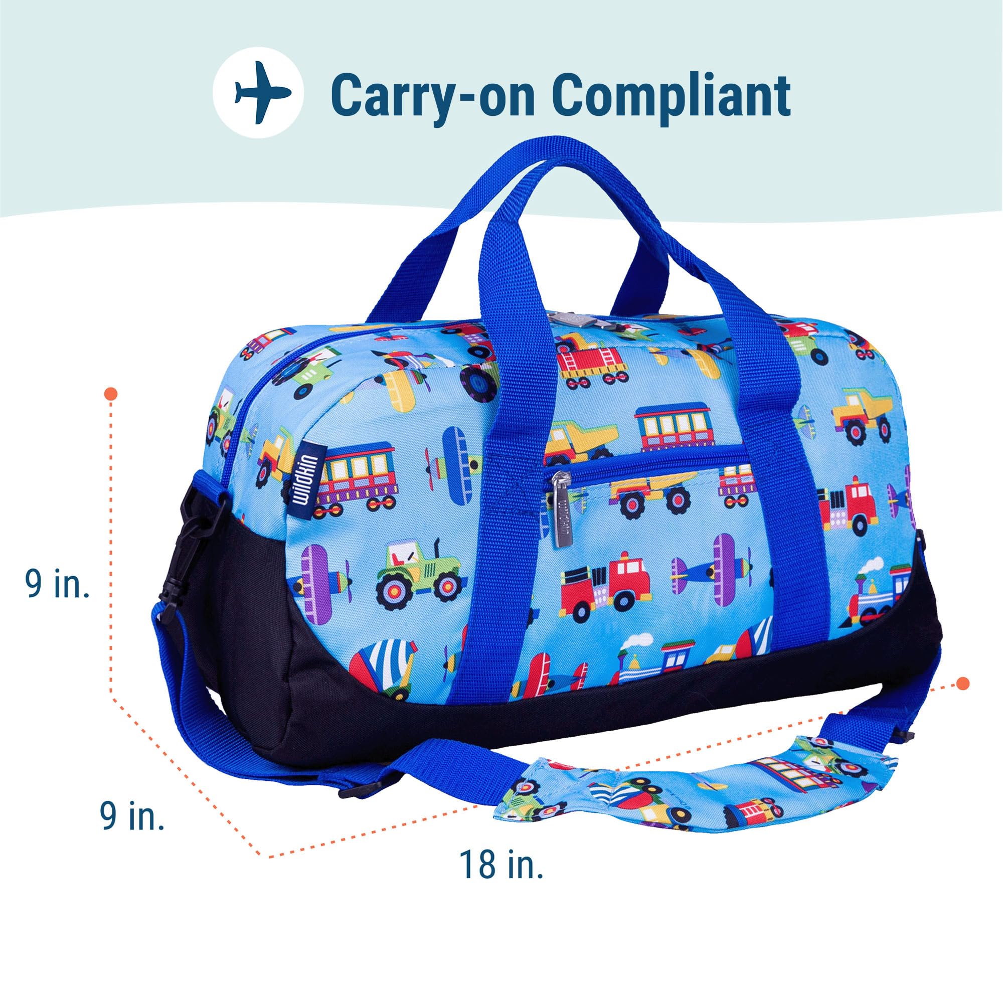 Wildkin Kids Overnighter Duffel Bag - Carry-On Size Travel Bag for Boys & Girls - Perfect for School, Sleepovers, Travel (Trains, Planes, Trucks Design) - Great for Weekend Trips, Sports Gear & Camping Essentials