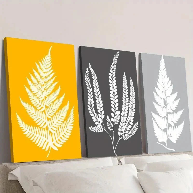 3-Piece Mustard Yellow & Grey Leaves Print Wall Art Set - Framed Canvas 40x60cm (16x24in) | High Quality Australian Made Ready-to-Hang Decor for Living Room, Bedroom & Office