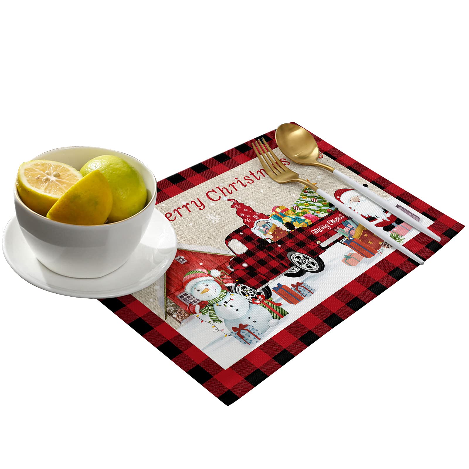 Christmas Placemats Set of 4 - Washable Holiday Table Mats with Xmas Truck, Gnomes & Snowman Design - 13x19 Inch Buffalo Plaid Dining Mats for Kitchen, Restaurant & Picnic Decor - Perfect for Holiday Dinners, Party Decorations & Festive Gatherings