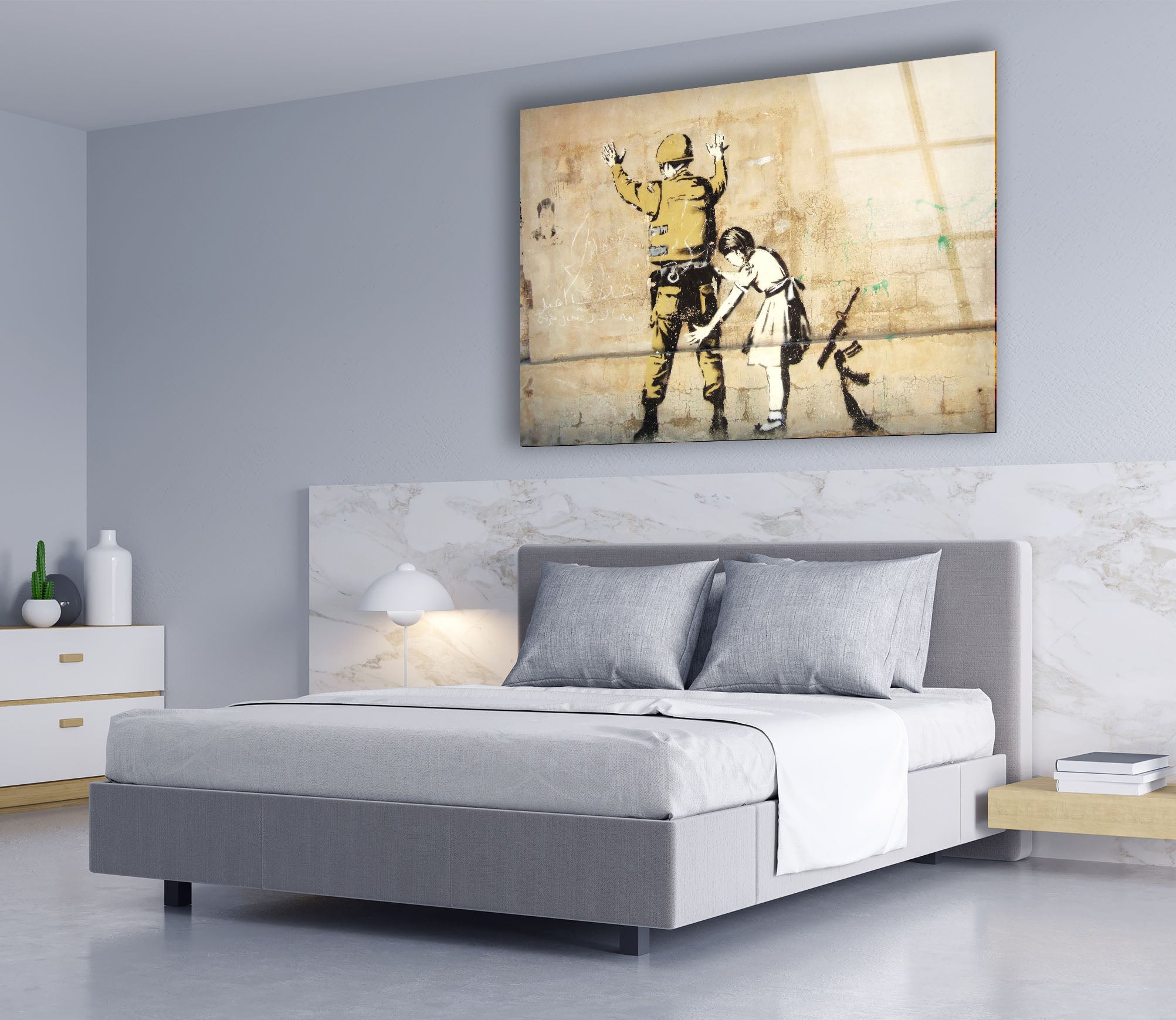 Banksy Girl Frisking Soldier Glass Wall Art - Stunning Home Decor for Living Room, Office & Gifts | Modern Framed Glass Print