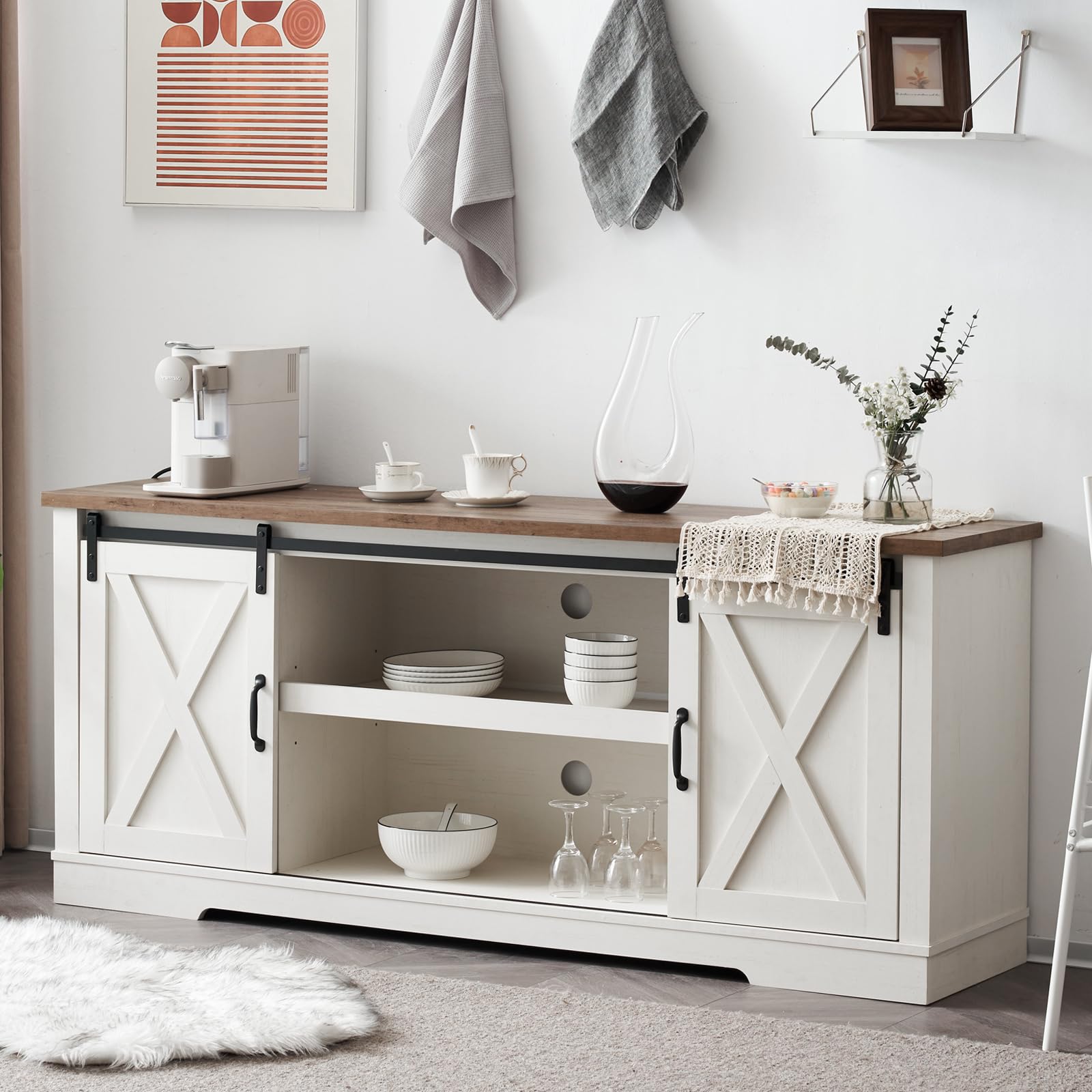 AMERLIFE 66 Inch Farmhouse TV Stand for 75 Inch TVs - Rustic Entertainment Center with Sliding Barn Doors, Adjustable Shelves & Leveling Feet - Distressed White Console Table with Storage - Perfect for Living Room, Home Theater & Rustic Decor