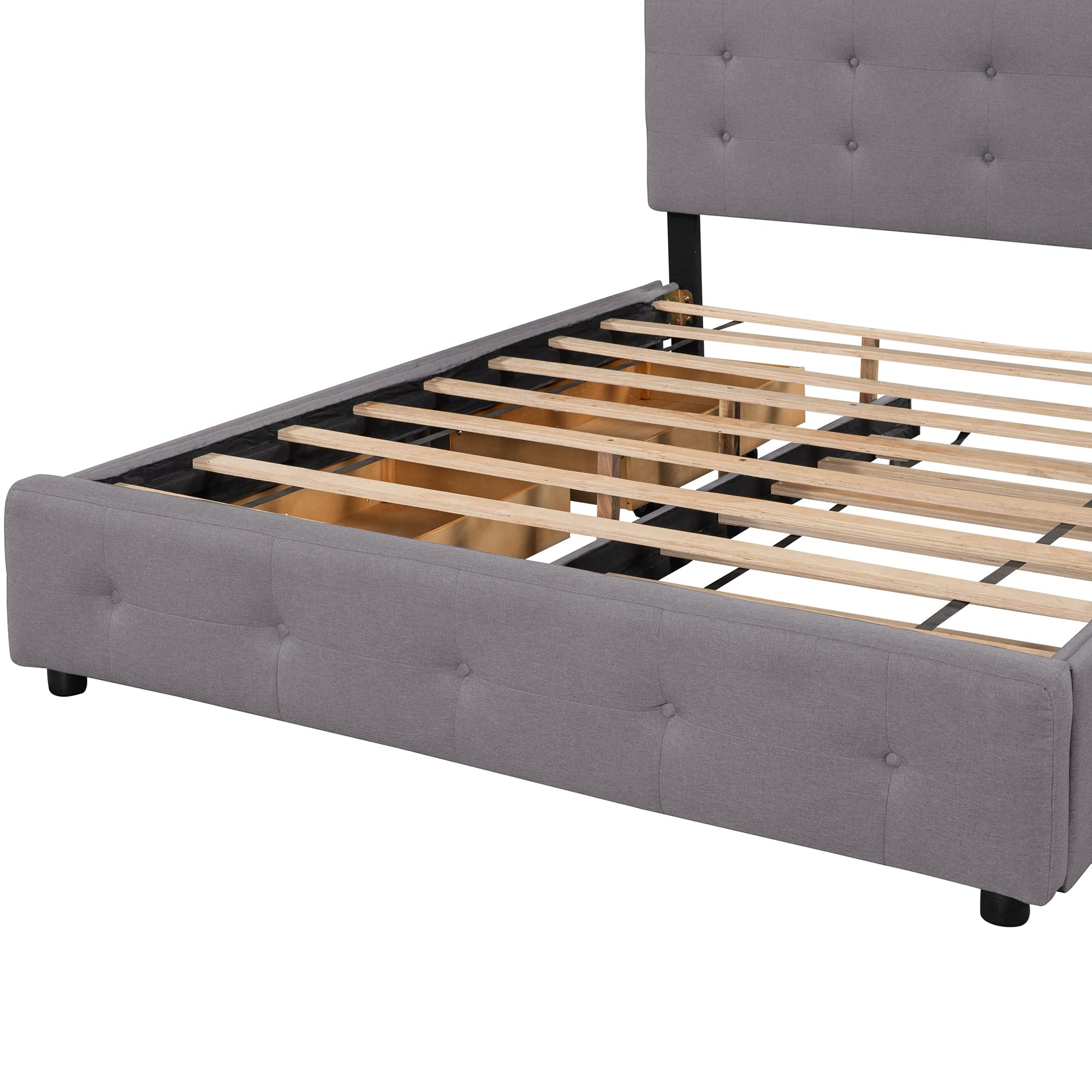 Queen Size Upholstered Platform Bed with Linen Fabric Button Tufted Headboard - Wooden Bed Frame with Twin XL Trundle & Storage Drawers - Modern Bedroom Furniture in Light Gray | Perfect for Guest Rooms, Small Spaces & Storage Solutions