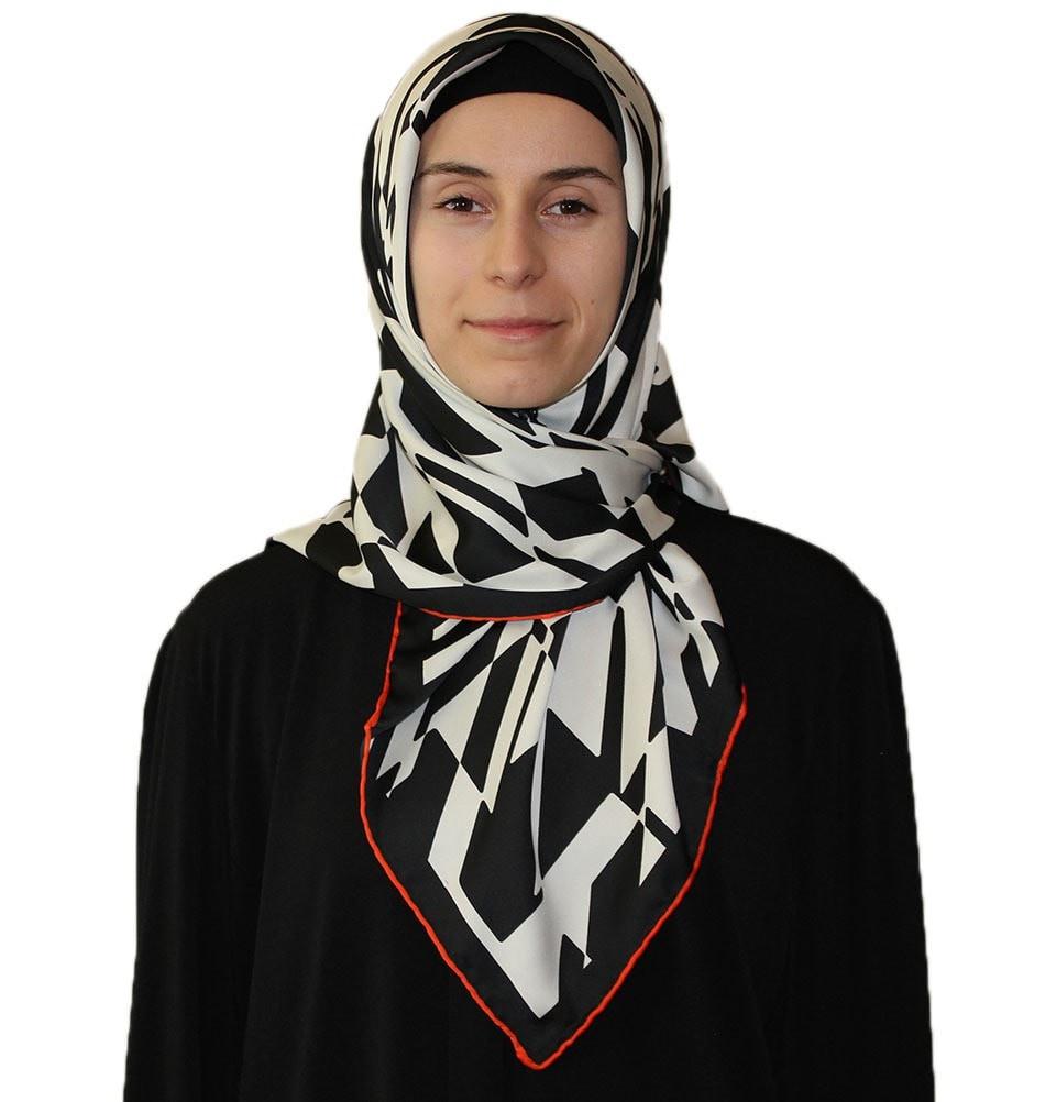 Aker Satin Square Hijab Scarf 6749 963 - Soft & Breathable Muslim Headscarf in Black & White - Perfect for Daily Wear, Prayer & Special Occasions