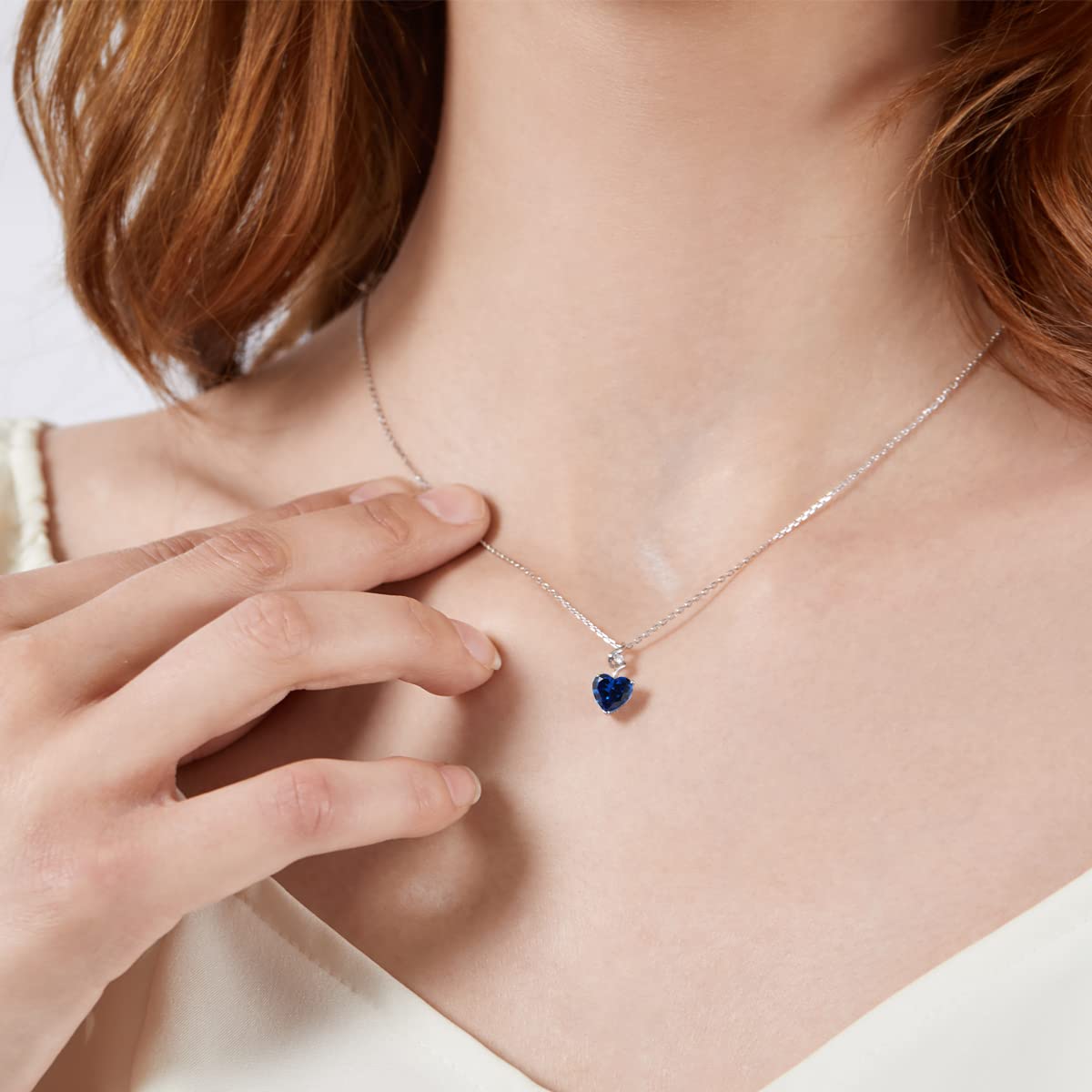14K Solid White Gold Heart Necklace with 0.015 ct Diamond & Genuine/Created Gemstone - Dainty Solitaire Pendant on Sterling Silver Chain | July Birthstone, Anniversary, Birthday, Wedding Jewelry Gift for Women & Girls | Perfect for Romantic Occasions, Proposals & Special Celebrations