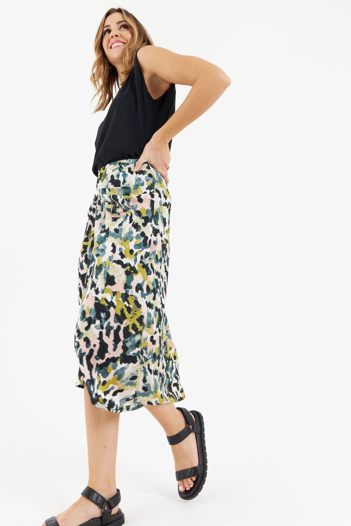 Baba Midi Skirt for Women - Green Flowy A-Line Skirt with Pockets | Perfect for Casual Outfits, Office Wear & Summer Dresses
