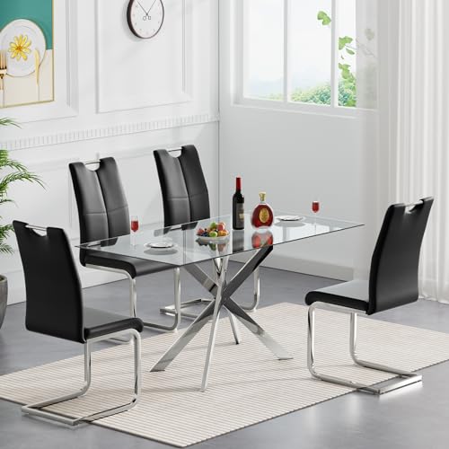 Silver Table With 4 Black Silver Chairs