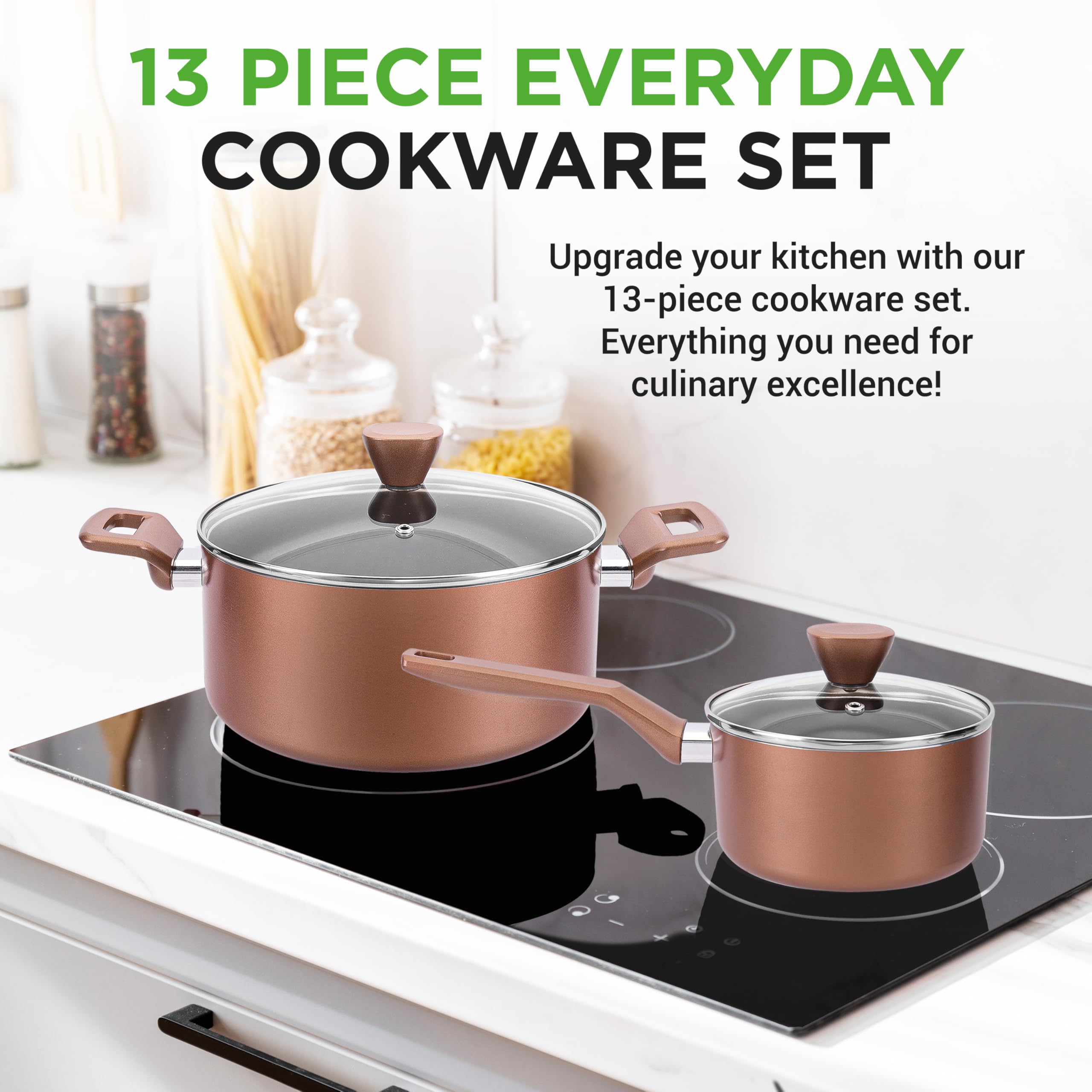 NutriChef 13-Piece Nonstick Cookware Set - PFOA/PFOS-Free, Heat Resistant Kitchenware with Saucepan, Frying Pans, Pots, Casserole & Lids - Perfect for Sauteing, Frying & Everyday Cooking - Brown (NCCWA13BR)