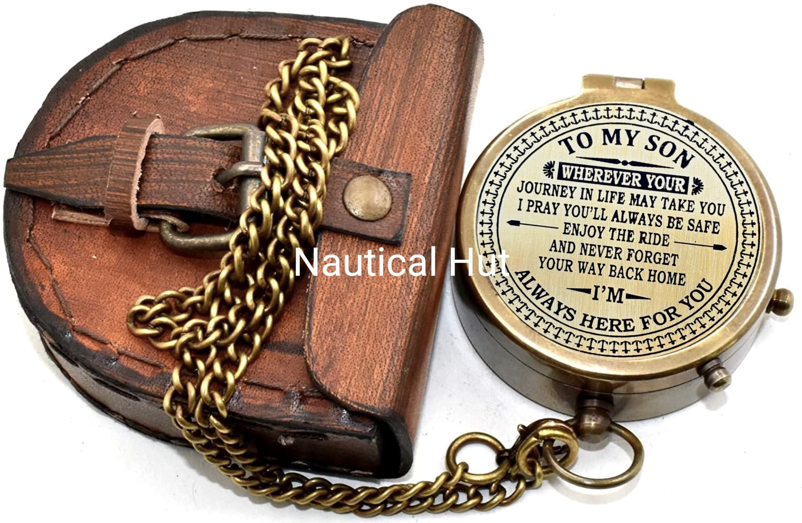 **Antique Nautical Compass with Engraved Design & Leather Case - Unique Gift for Son, Dad, Mom - Birthday, Graduation, Adventure Gift - Perfect for Travel, Hiking, Outdoor Exploration**