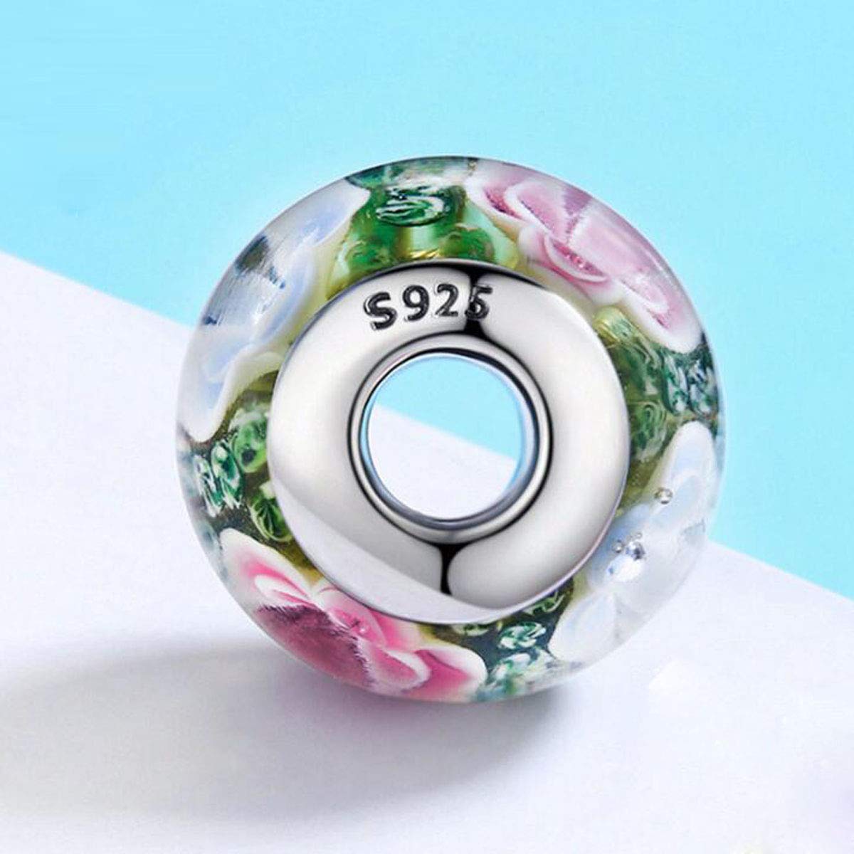 Authentic Murano Glass Beads with 925 Sterling Silver Core - Blue Bubbles & Pink Flowers Charms for Pandora Bracelets | Handmade Italian Glass Jewelry for Women's DIY Bracelet Making & Gift Giving (Z073)