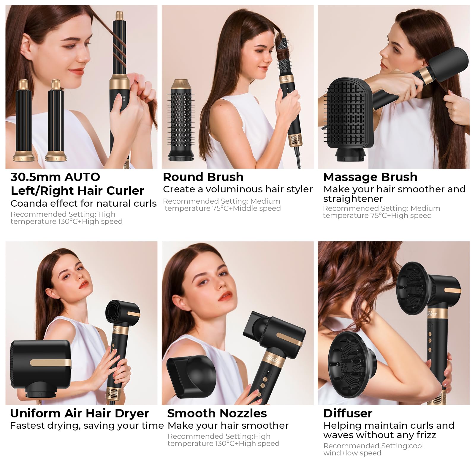 7-in-1 Hair Dryer Brush & Styler - 1400W Professional Blow Dryer with 30mm Curling Barrel, Round Brush & Diffuser for Fast Drying, Curling & Straightening (Black) | Perfect for Home Salon, Travel & Professional Styling