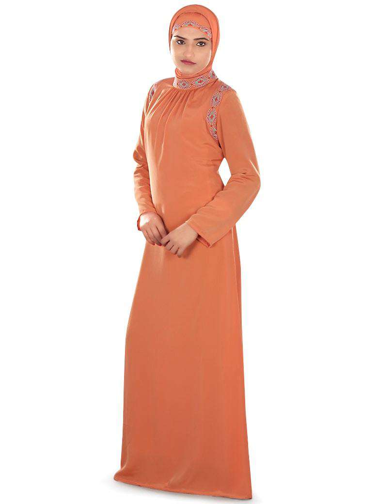 Zunubiya Orange Abaya - Elegant Islamic Prayer Dress for Women, Modest Long Sleeve Maxi Dress - Perfect for Prayer, Mosque, Eid, and Special Occasions