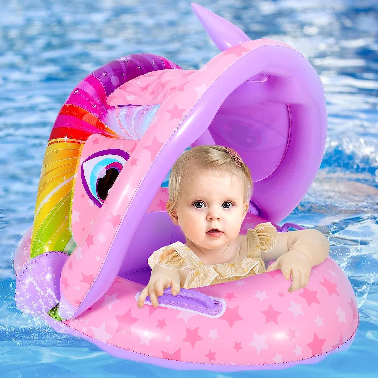 EZIGO Baby Pool Float with Canopy - Inflatable Unicorn Swimming Float with Sunshade for Infants 6-36 Months | Summer Pool Toys for Toddlers, Kids, Girls & Boys | Perfect for Beach, Backyard Pools & Water Parties