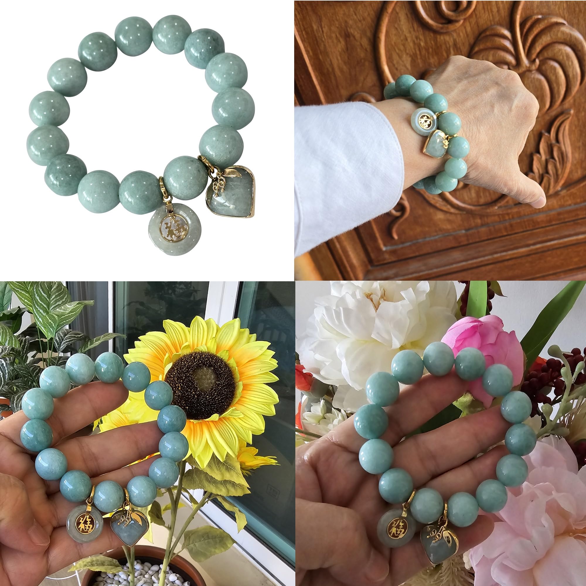 Natural Green Jade Bracelet for Women - Real Jade Bangle with Healing Energy, Lucky Heart Coin & Money Charm - Perfect for Meditation, Gifts & Spiritual Wellness