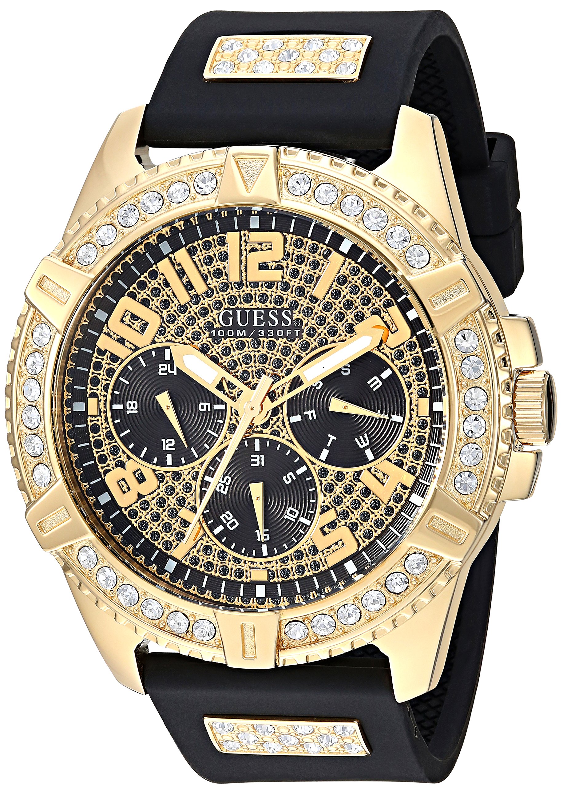 GUESS Women's Black Stain-Resistant Silicone Watch with Gold-Tone Crystal Embellishments - Day, Date & 24-Hour Military Time Display (Model U1132G1) | Perfect for Work, Gym & Everyday Wear