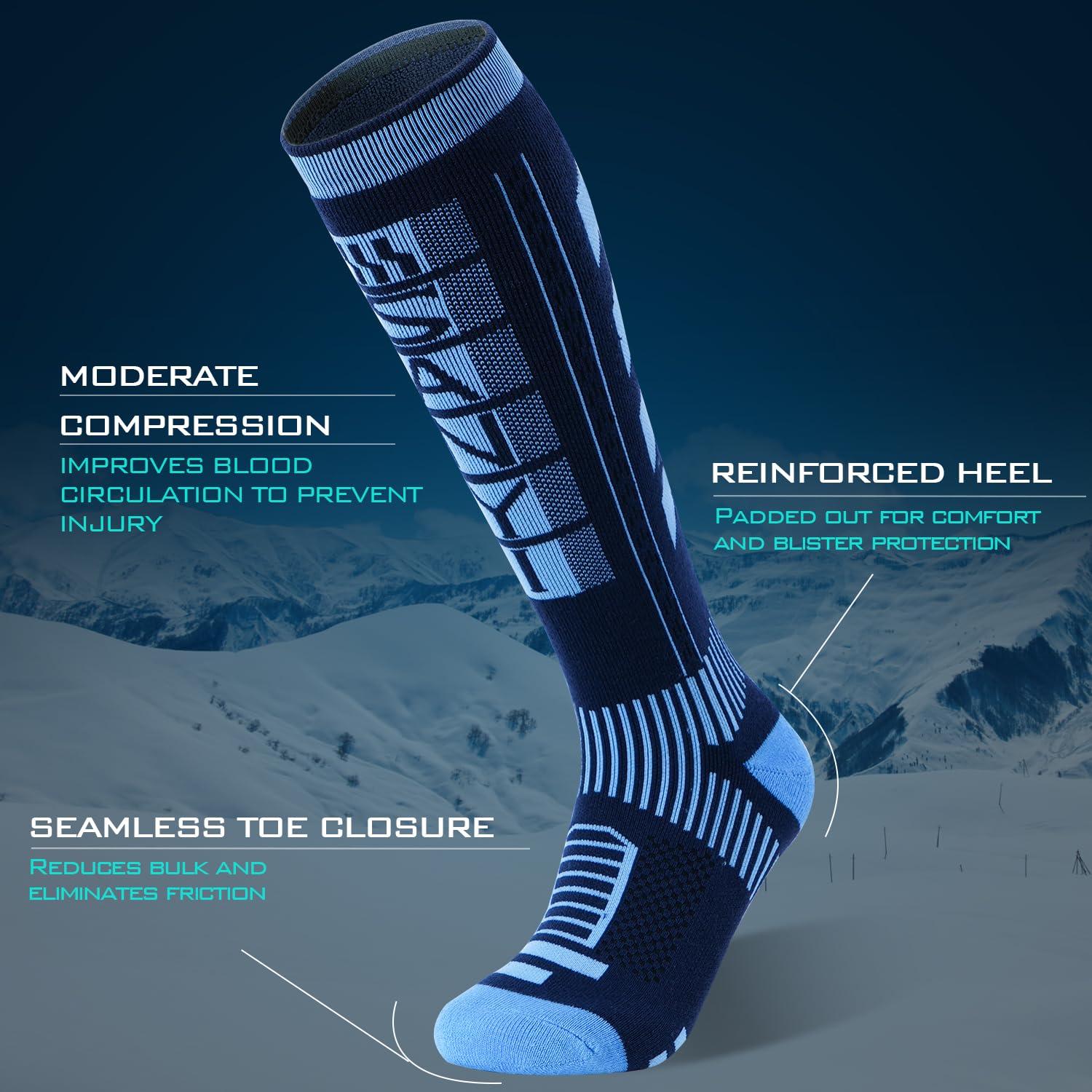 Premium 2-Pair Merino Wool Ski Socks for Men & Women - Warm Winter Sports Socks for Skiing, Skating, Hiking, Climbing & Snowboarding - Perfect for Cold Weather Outdoor Activities & Mountain Adventures