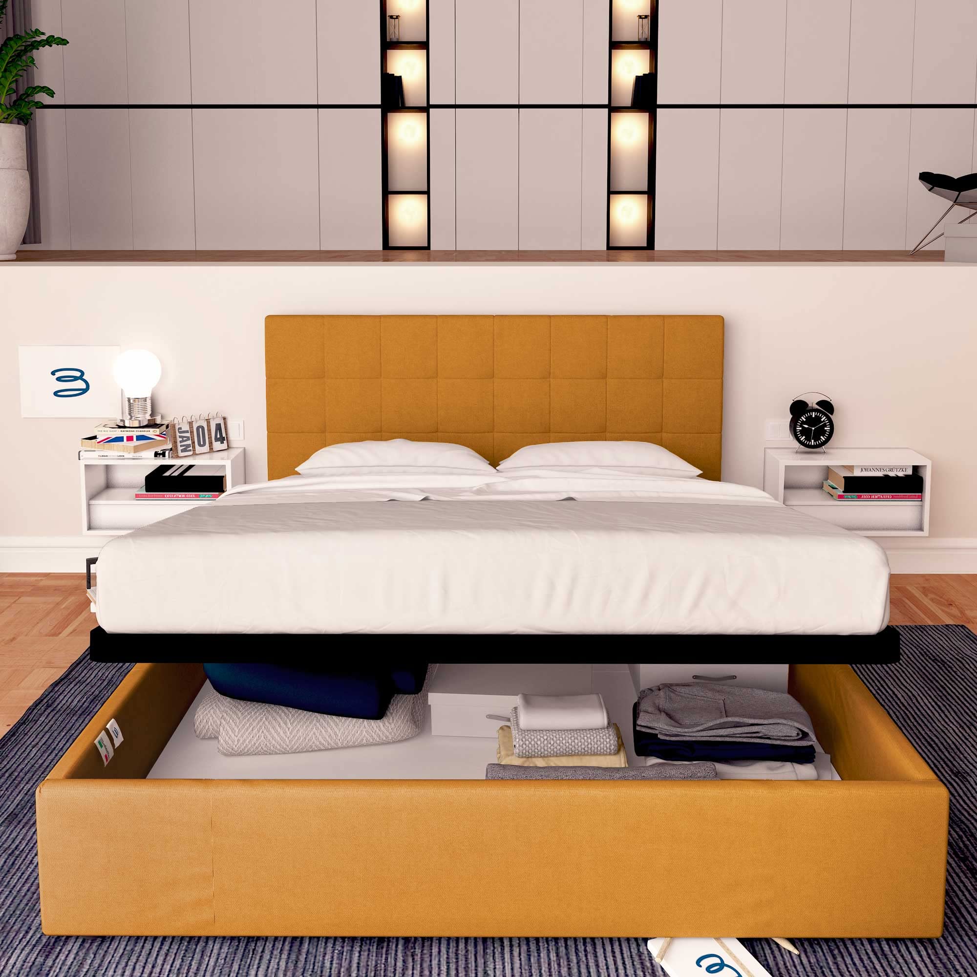 Baldiflex Single Bed with Fabric Storage Drawer, Slatted Base for Single Mattress, 80 x 200 cm, Elegant Headboard in Mango Color - Perfect for Small Bedrooms, Guest Rooms & Studio Apartments