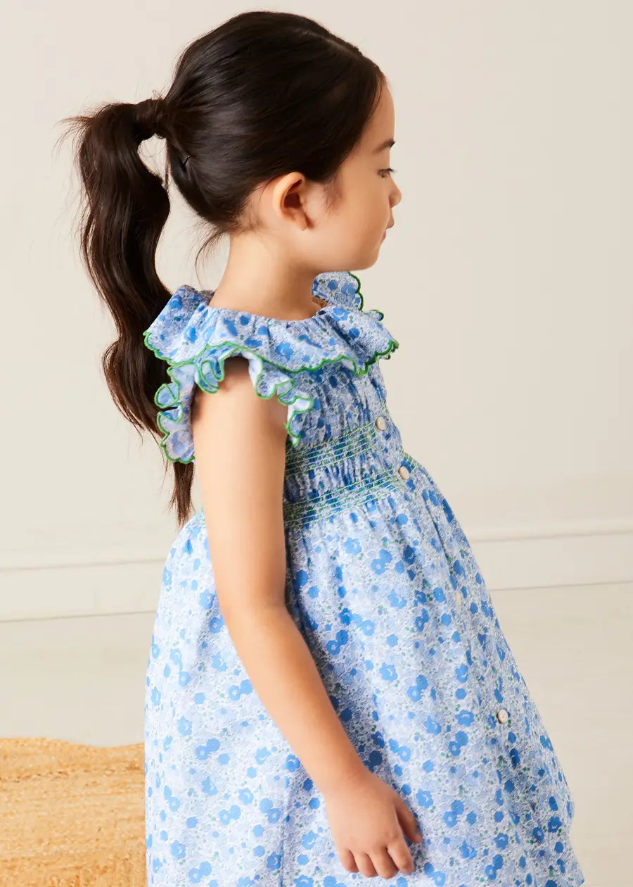 Olivia Floral Smocked Ruffle Collar Sleeveless Dress for Girls - Blue Summer Dress for Baby to Kids (12 Months to 10 Years) | Perfect for Birthday Parties, Family Photos & Special Occasions