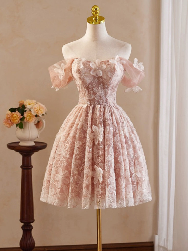 Elegant Pink A-Line Off Shoulder Tulle Lace Short Prom Dress | Homecoming Party Gown | Perfect for Prom Night, Sweet 16, Quinceañera & Formal Dances