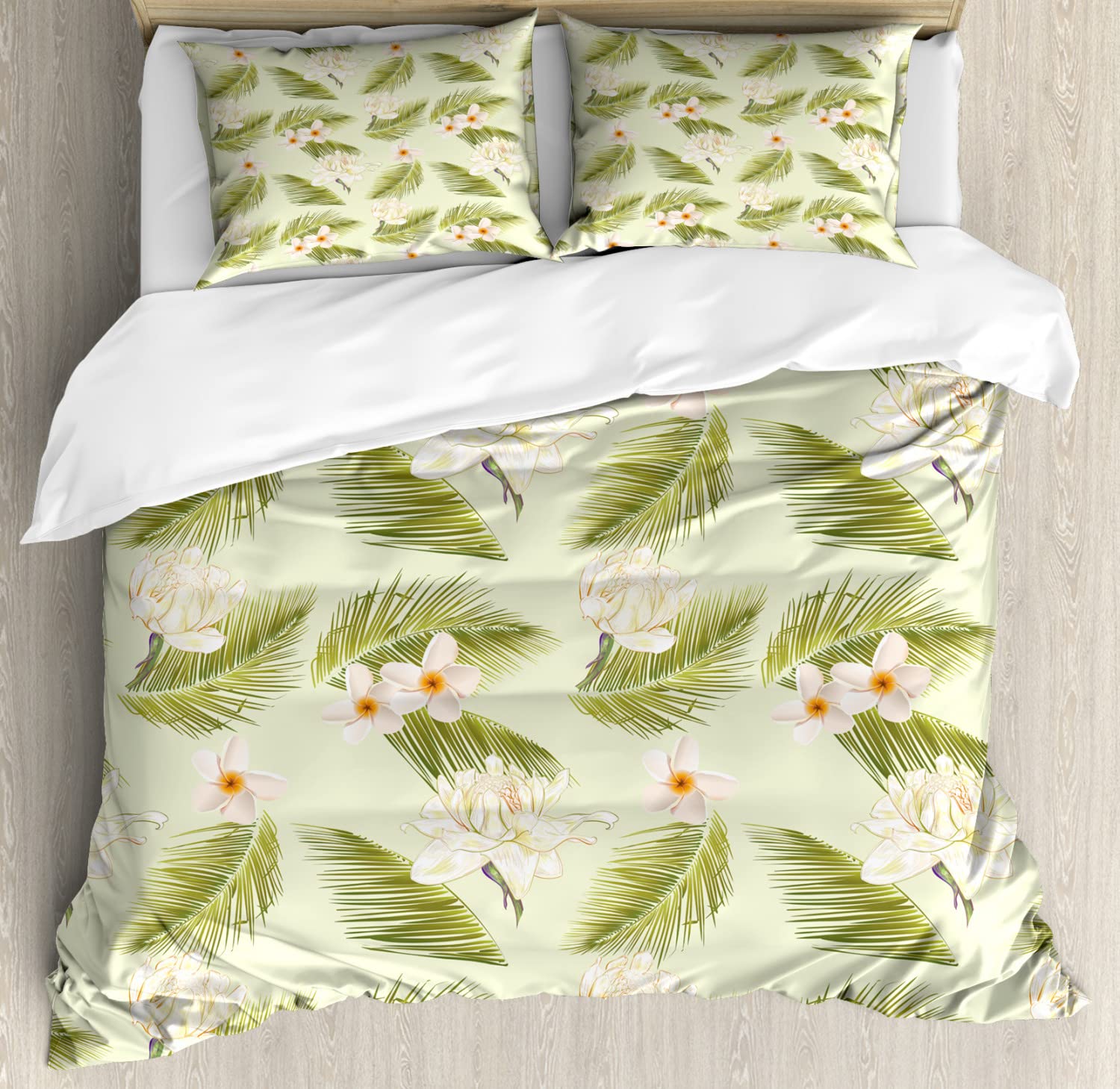 Ambesonne Tropical Leaves Duvet Cover Set - King Size 2-Pack with 2 Duvet Covers & 4 Pillowcases, Frangipani Palm Leaf Spring Design in Pastel Green Multicolor | Perfect for Beach House Bedroom Decor, Boho Chic Home Styling, and Tropical Vacation Inspired Bedding