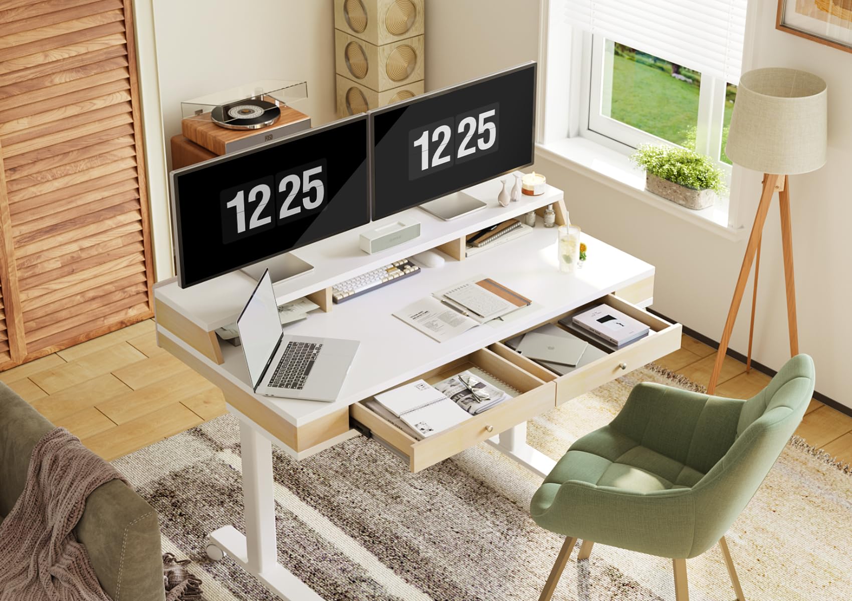 Claiks 55 Inch Electric Adjustable Standing Desk with Drawers & Storage Shelves - Height Adjustable Sit Stand Desk with Wheels, White | Perfect for Home Office, Gaming Setup & Workspace Ergonomics