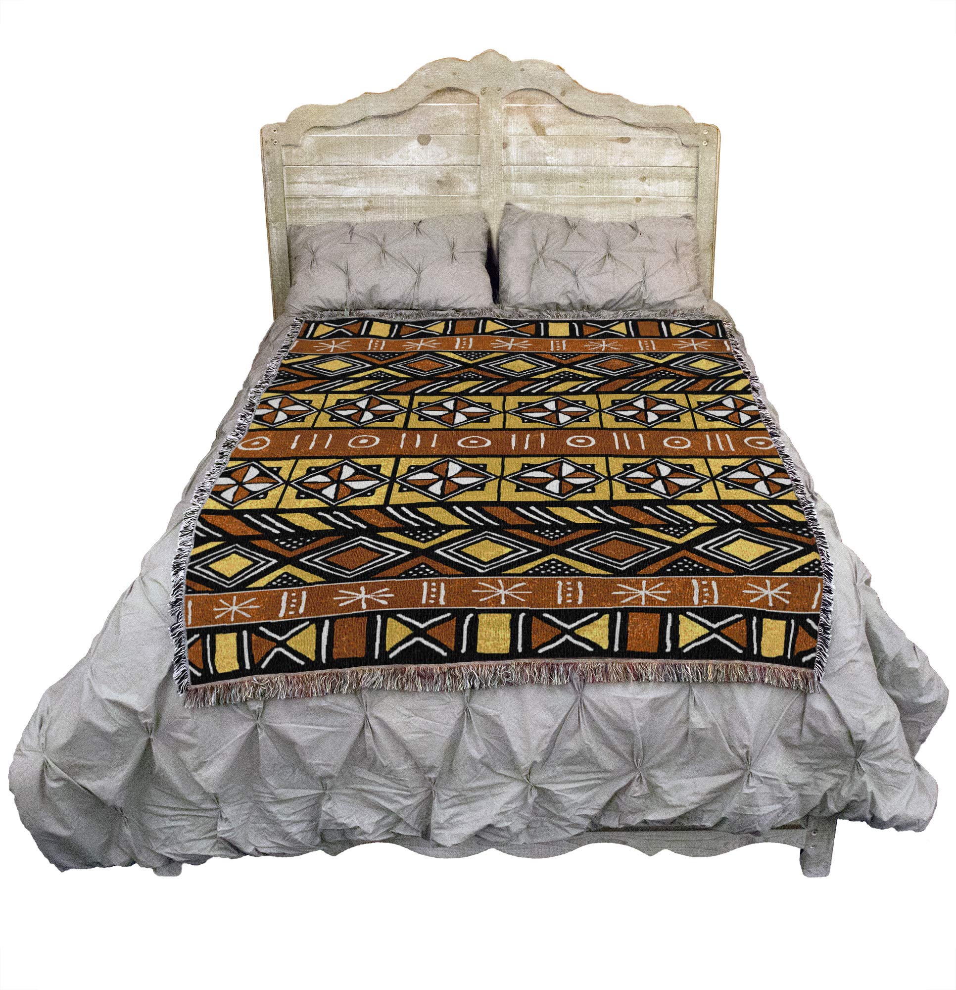 Authentic Bogolan Mud Cloth Cotton Blanket 72x54 - Handwoven African Cultural Tapestry Throw - Made in USA - Perfect for Home Decor, Sofa Cover & Unique Gift