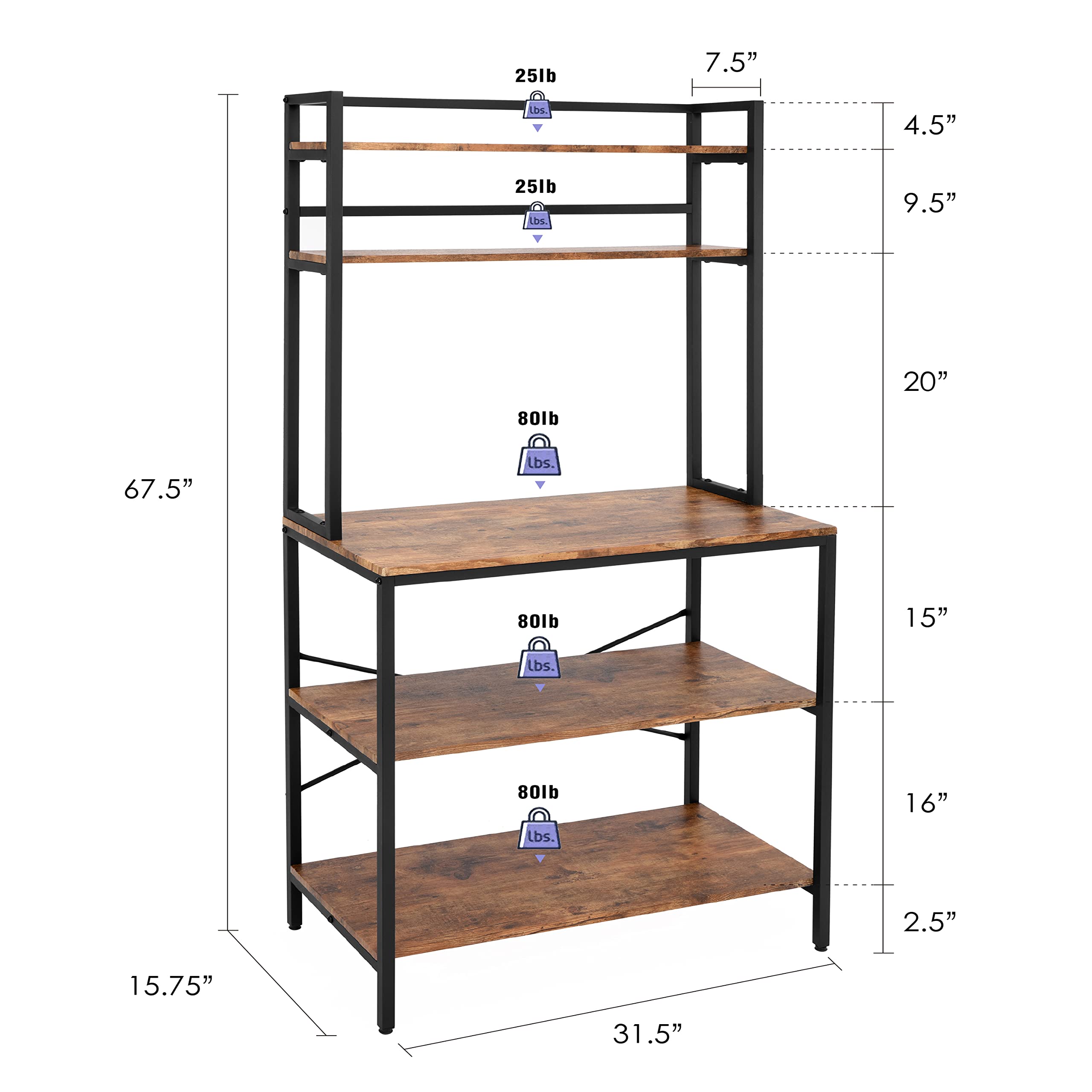 Finnhomy 5-Tier Wooden Kitchen Bakers Rack with Storage Shelves & Hutch - Freestanding Microwave Stand for Pantry, Living Room - Rustic Brown (15.75
