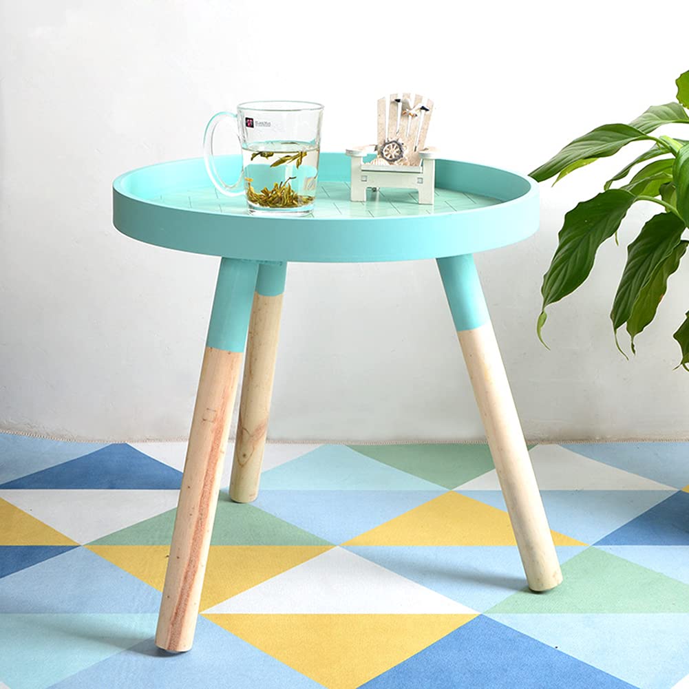 Round Wooden End Table with Tray - Small Side Table, Nightstand, Coffee Table & Plant Stand for Living Room, Bedroom, Office - Sturdy Tripod Base - Perfect for Small Spaces, Balcony Decor & Home Organization (Blue)