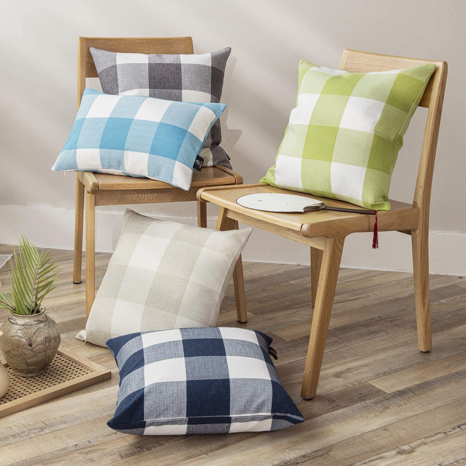 Phantoscope Pack of 2 Grey Gingham Buffalo Check Plaid Throw Pillow Covers 18x18 Inches - Farmhouse Decorative Square Pillow Cases for Sofa, Bed, Couch Indoor & Outdoor Use - Home Decor Accent Pillows