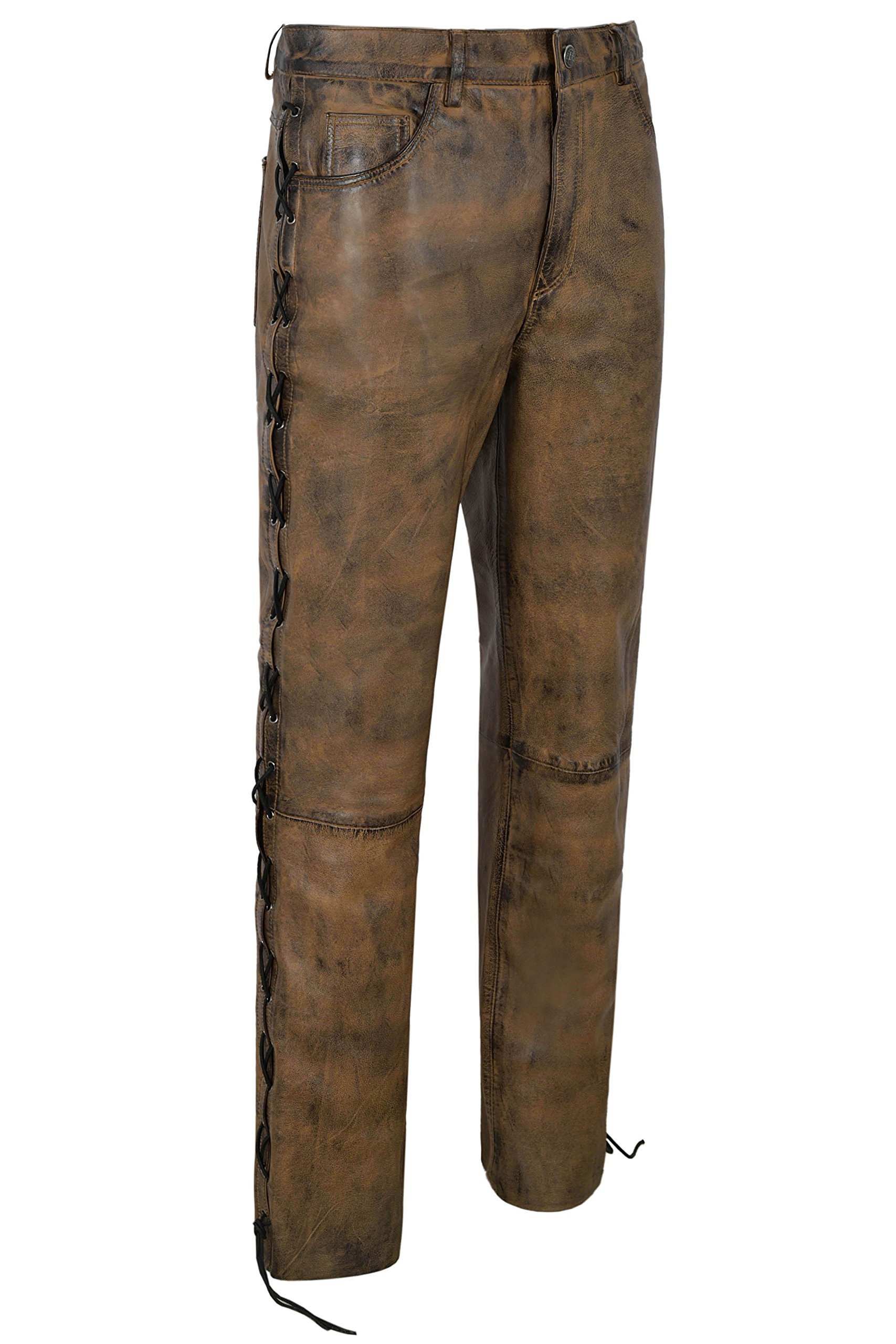 Men's Biker Leather Pants - 100% Genuine Lambskin Motorcycle Trousers in Dirty Brown with Lace-Up Design | Perfect for Riding, Motorcycle Enthusiasts & Fashion Streetwear