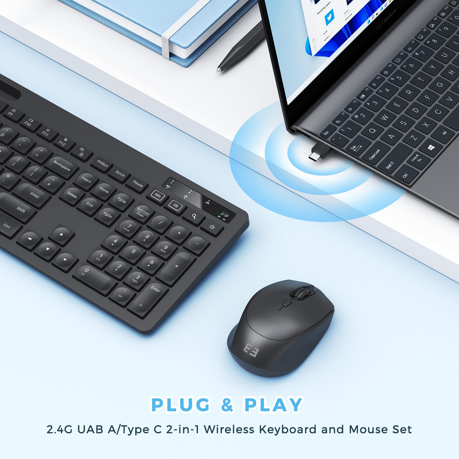 Wireless Keyboard Mouse Set with USB A/C for Macbook, PC, Laptop - Home & Office Use