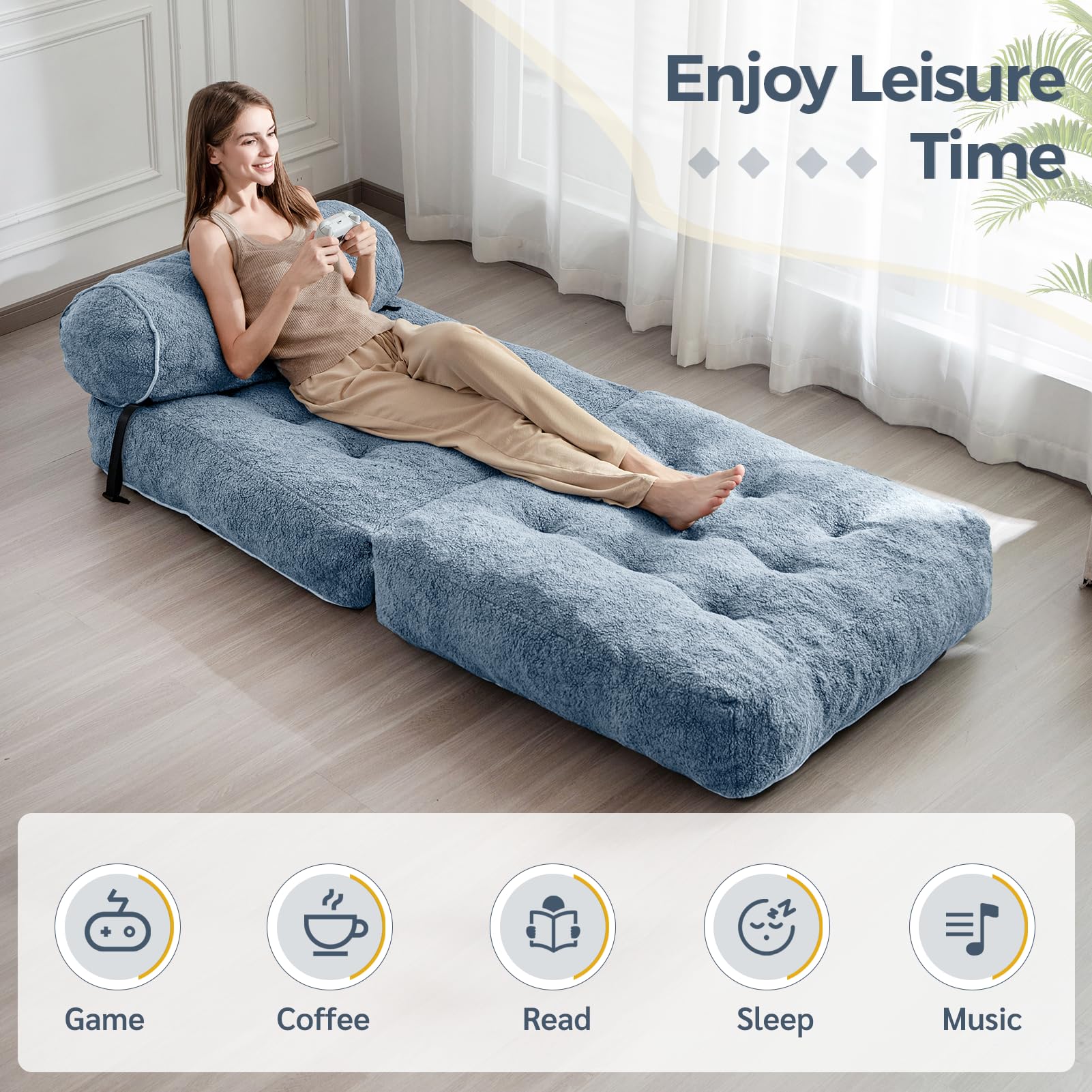MAXYOYO Folding Sofa Bed - Convertible Boucle Sleeper Chair with Bolster Pillow | Multi-Functional Floor Sofa Lounge for Living Room, Bedroom & Small Spaces | Dusty Blue | Perfect for Guest Sleeping, Relaxing & Space Saving
