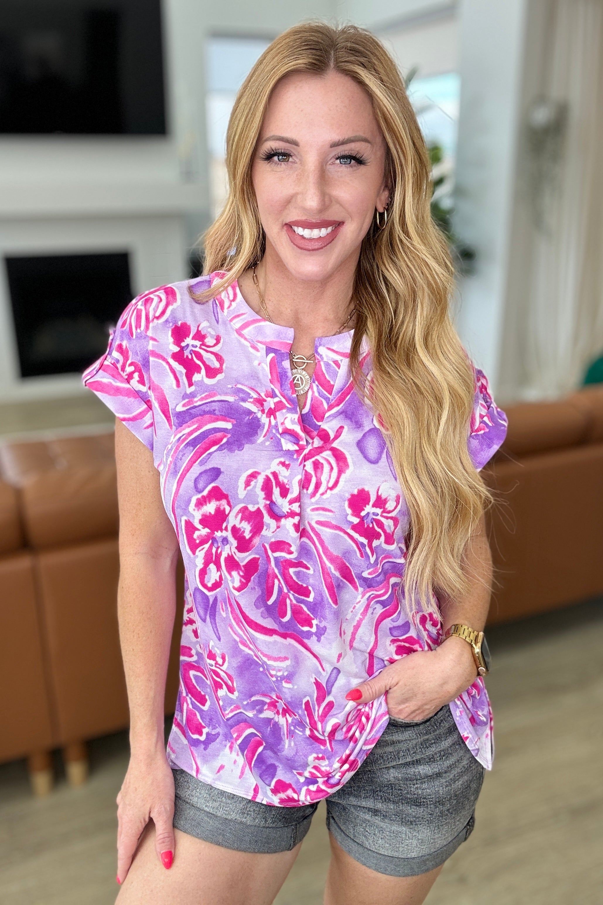 Lizzy Cap Sleeve Top - Flowy Women's Blouse in Purple & Hot Pink Watercolor Print | Casual Summer Tops for Date Night, Office Wear & Weekend Outfits