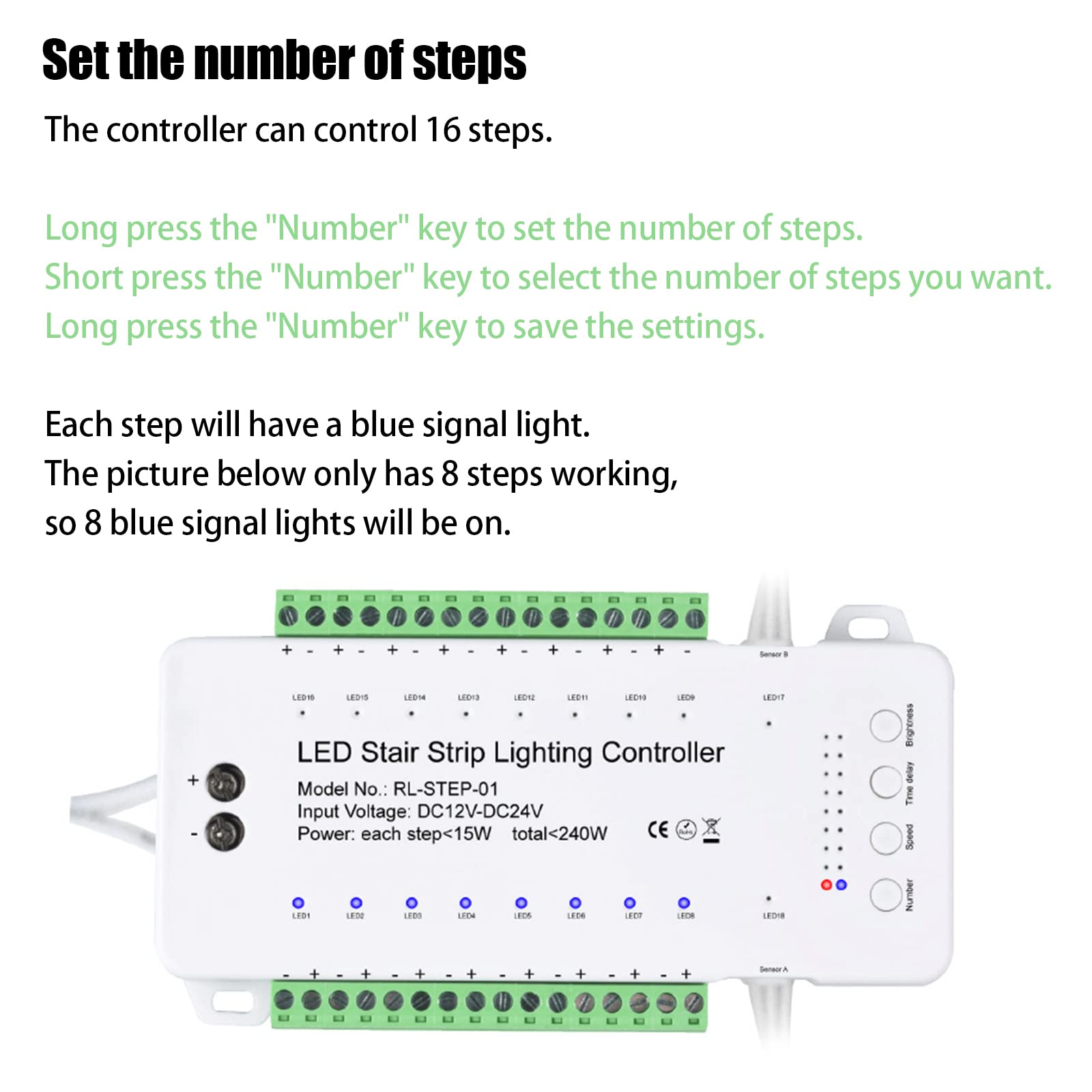 16 Channel LED Motion Sensor Stair Light Controller - Automatic Stairway Lighting System with Adjustable Speed & Brightness for Home, Office, and Commercial Spaces
