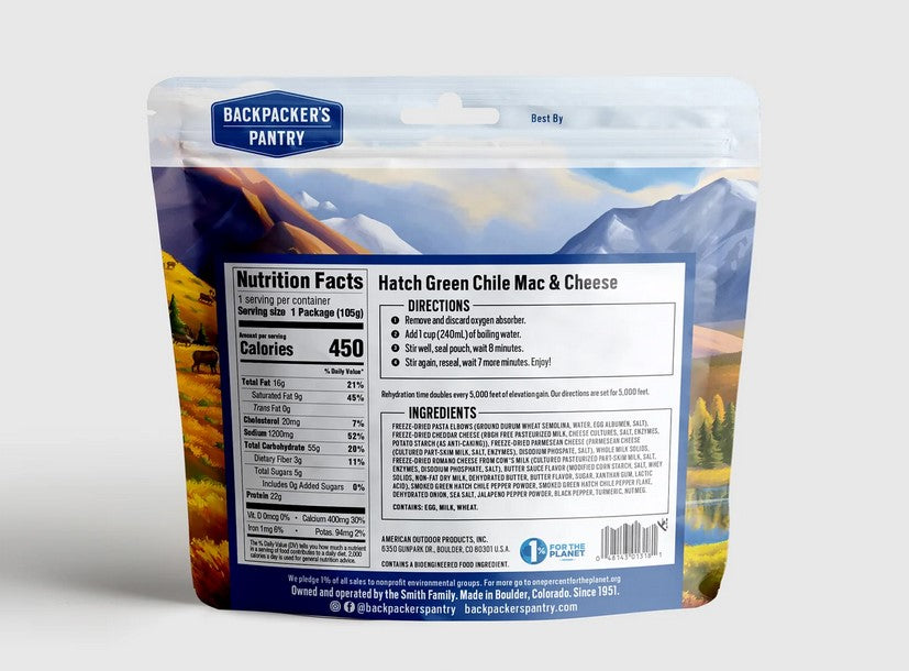 Backpacker's Pantry Hatch Green Chili Mac & Cheese - Single Serving Freeze-Dried Meal - Lightweight Camping & Backpacking Food - Perfect for Hiking, Emergency Preparedness & Outdoor Adventures